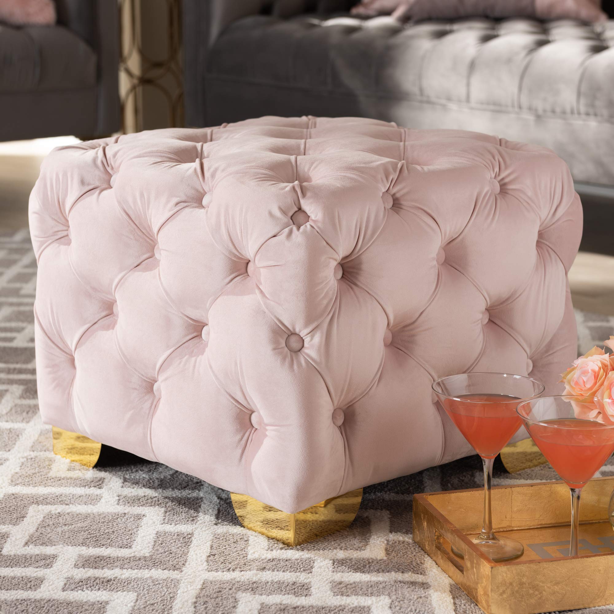 Baxton Studio Light Pink & Gold Ottoman with Storage - Modern Footstool Pouf for Living Room, Bedroom, or Nursery - Soft Upholstered Seat with Sturdy Metal Legs