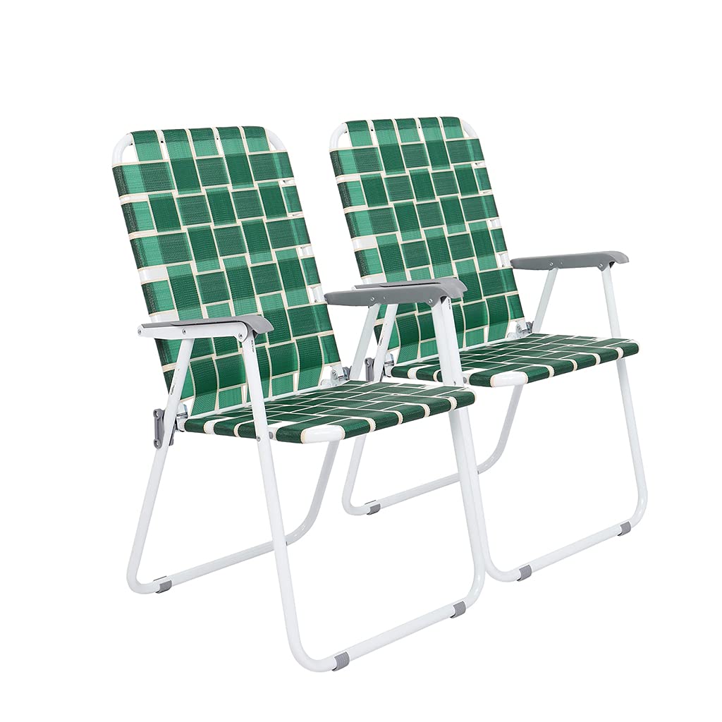 2 Pack Webbed Folding Chairs - Lightweight Portable Outdoor Patio Lawn Chairs for Camping, Beach, Garden & Backyard - Dark Green Reclining Web Chairs with Durable Webbing Design - Perfect for Picnics, Tailgating and Relaxing in Your Yard