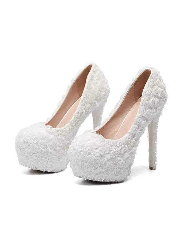 Elegant White Platform Stiletto Heels for Women - Lace Flower Pearl Wedding Shoes, Bridal Shoes | Perfect for Weddings, Proms, and Special Occasions
