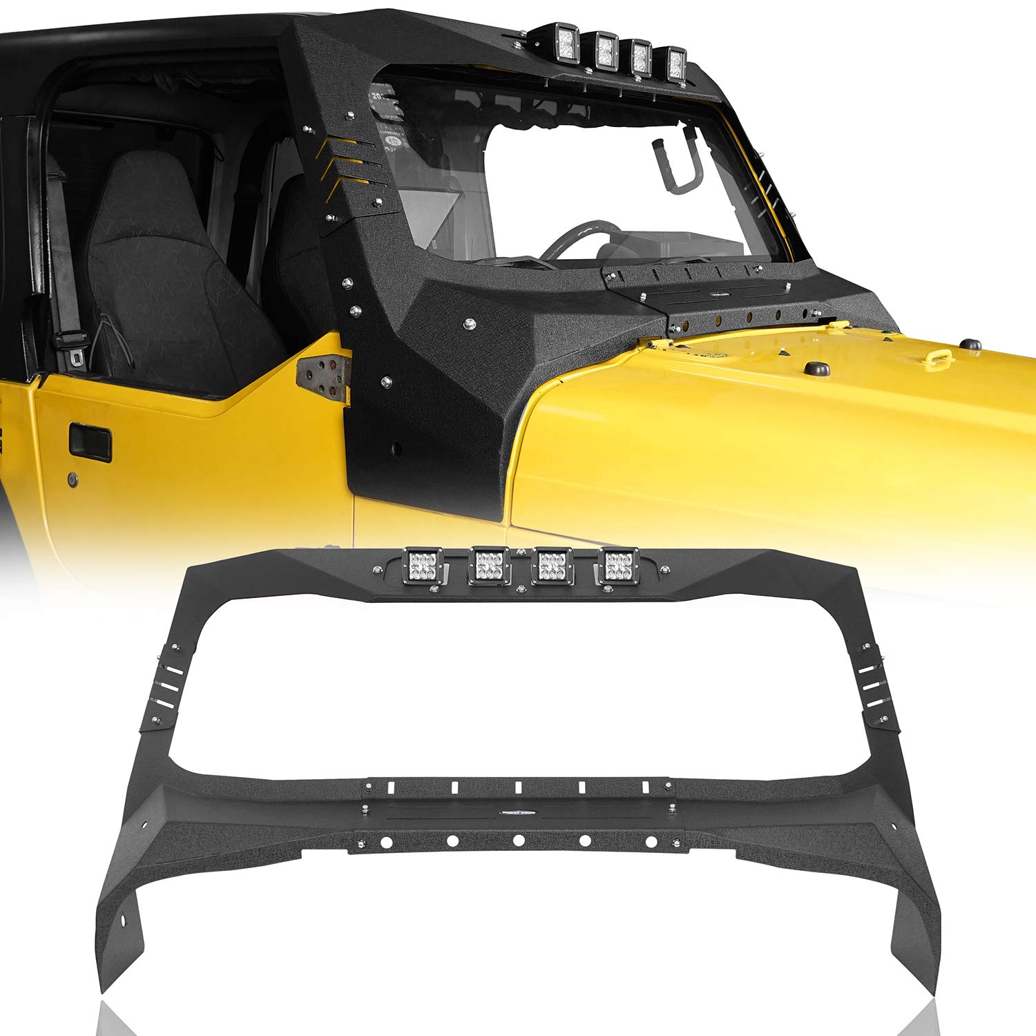 Hooke Road Jeep Wrangler TJ Windshield Frame Cover with LED Lights | Sun Visor & Cowl Body Armor | Fits 1997-2006 Models | Off-Road Protection & Style Upgrade