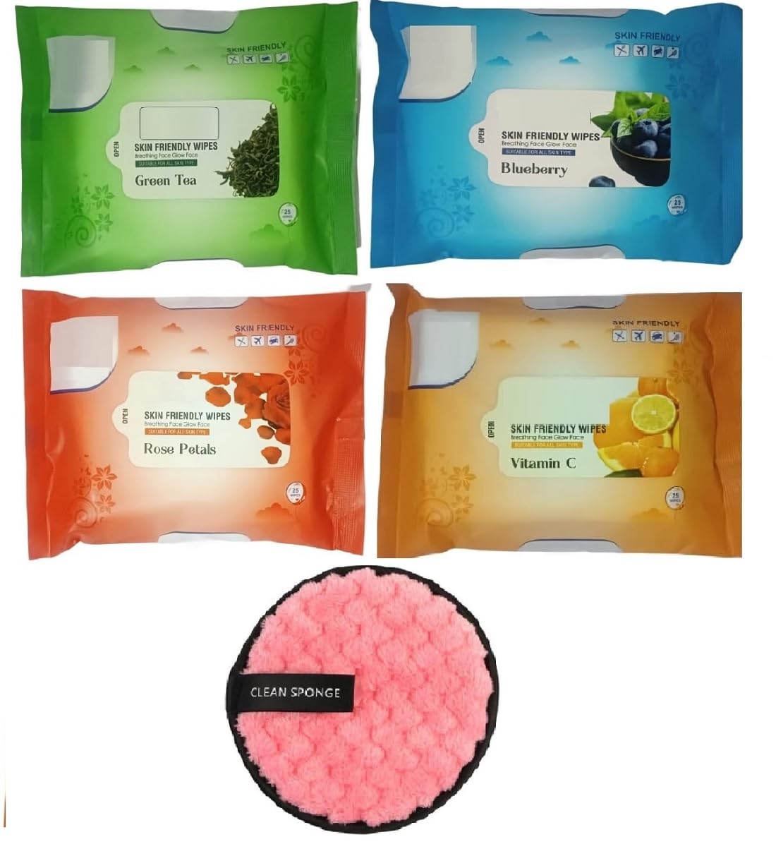 Refreshing Daily Use Cleansing Face Wipes with Green Tea, Rose Petals, Blueberry & Vitamin C - Pack of 4 | Makeup Remover Pads & Reusable Face Sponge (1pc) for Skincare, Travel & On-the-Go Beauty Routine