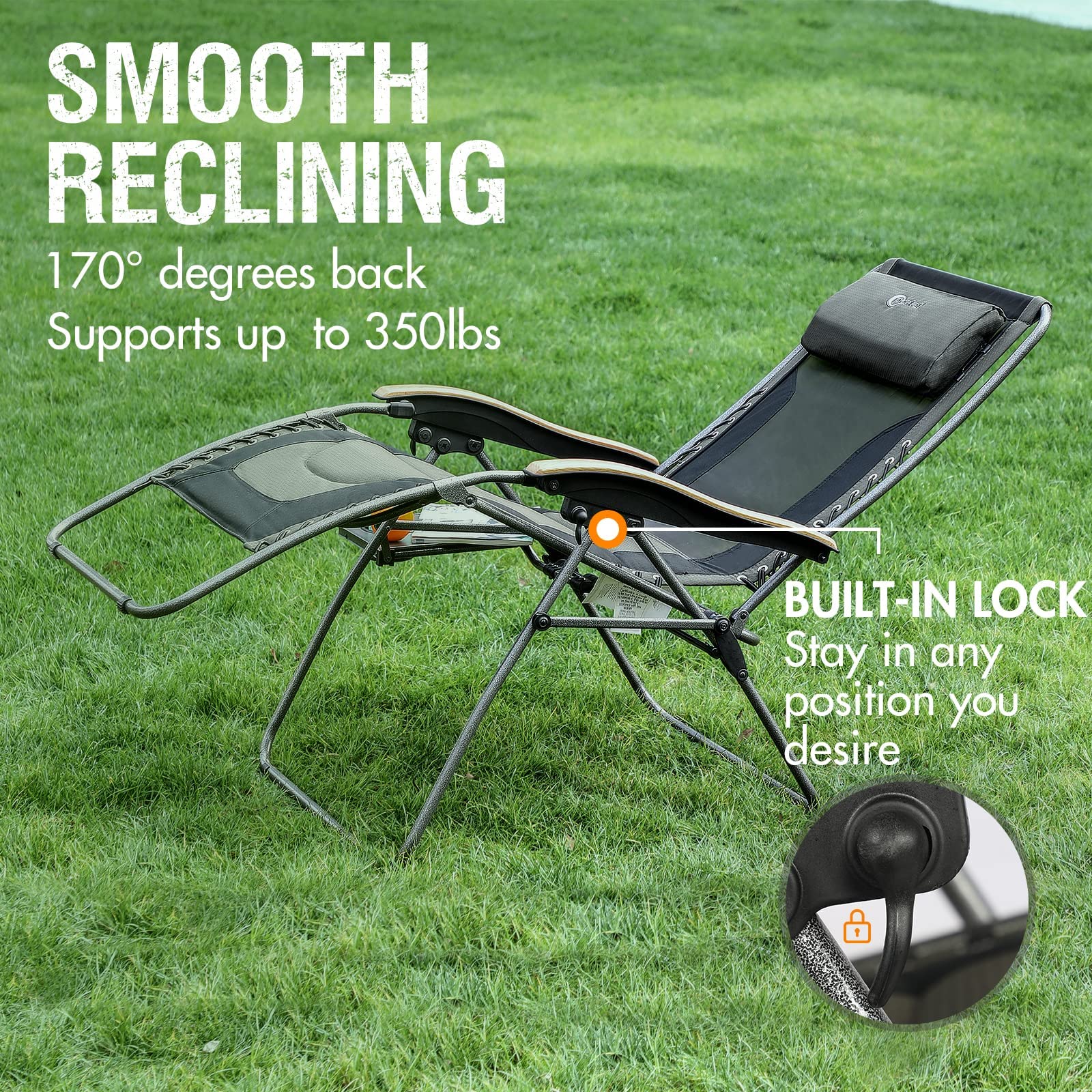 **Oversized Zero Gravity Reclining Patio Chair with Mesh Back - XL Padded Seat, Adjustable Pillows & Cup Holder - Folding Lounge Chair for Poolside, Backyard, Lawn - Supports 350lbs - Perfect for Relaxing Outdoors**