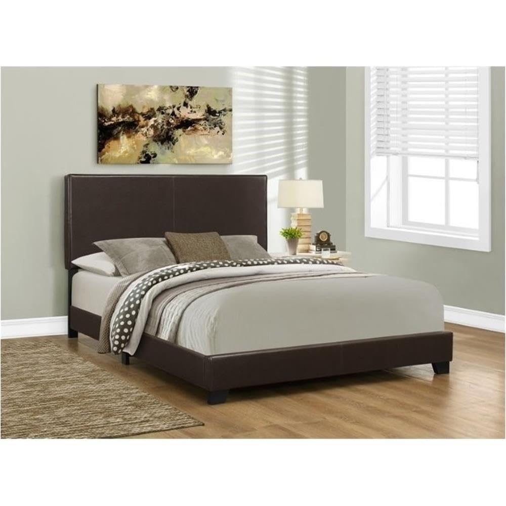 Pemberly Row Modern Faux Leather Upholstered Queen Size Bed Frame - Dark Brown Leather Look Bedroom Furniture for Master Bedroom Decor