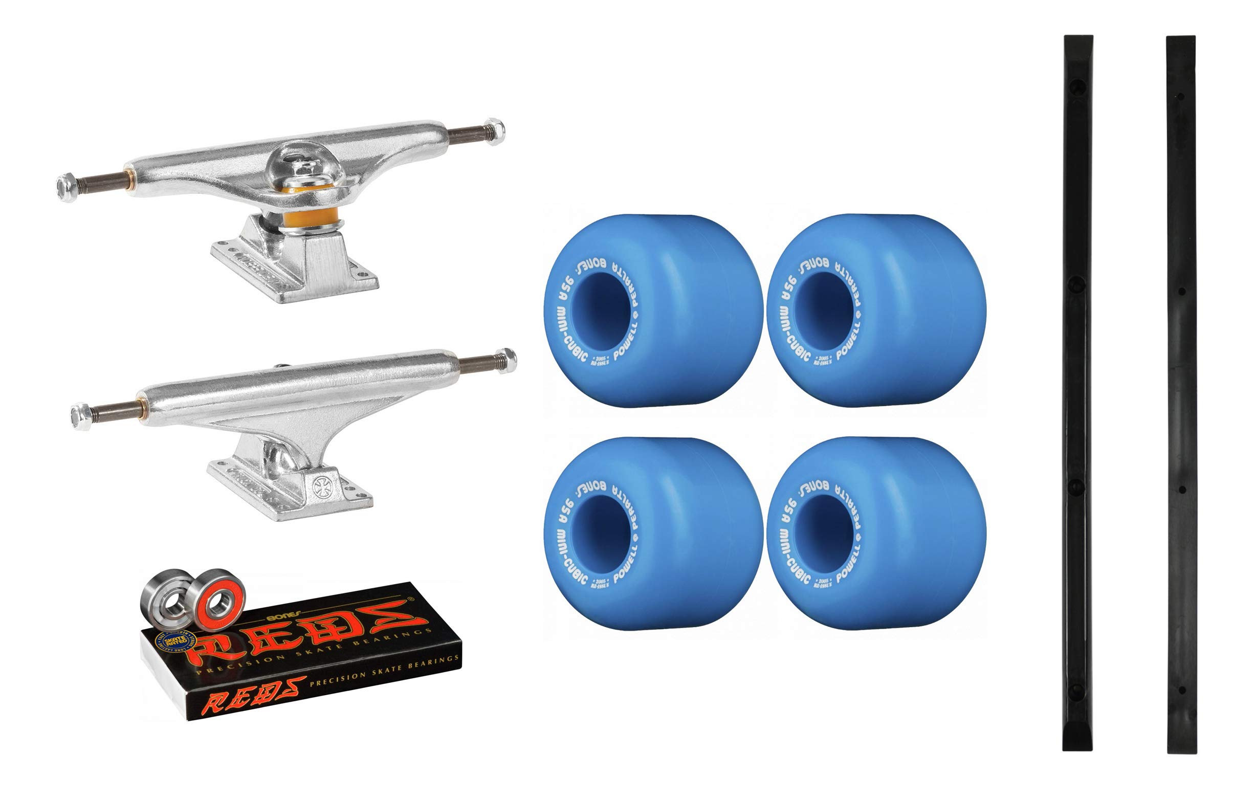 INDEPENDENT 139 Skateboard Trucks with Powell Mini-Cubic Blue Wheels & Black Rails - High Performance Skateboard Parts for Street & Park Skating - Includes Reds Bearings for Smooth Ride