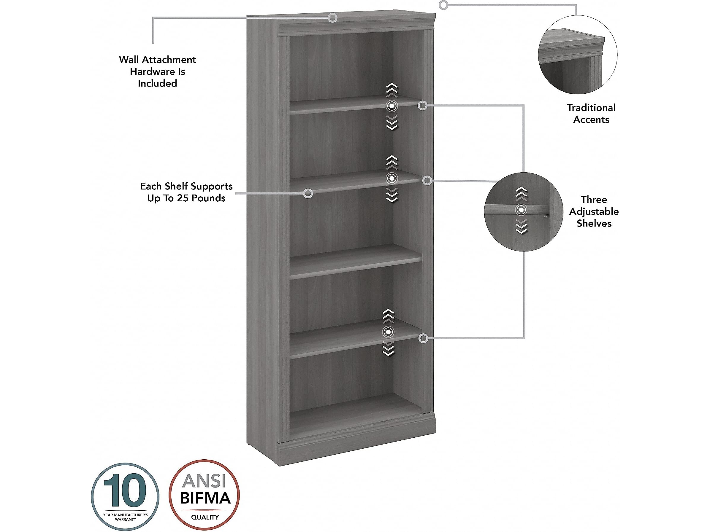 Bush Furniture Saratoga 5-Shelf Tall Bookcase in Modern Gray - Home Office Organizer & Vertical Storage for Books, Office Supplies | Perfect for Living Room, Study, or Workspace