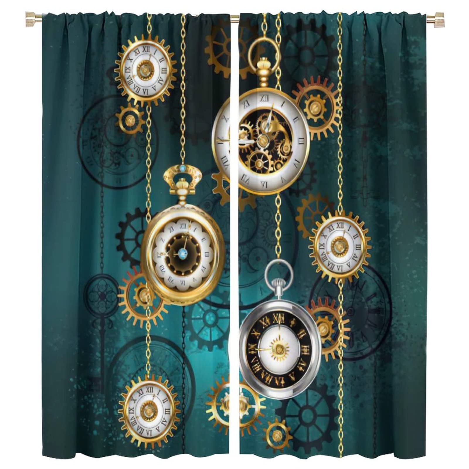 Vintage Steampunk Mechanical Clock Blackout Curtains - Set of 2 Panels 55x63 Inches, Rod Pocket Window Drapes for Bedroom, Living Room & Home Theater - Antique Green Retro Design for Light Blocking & Privacy