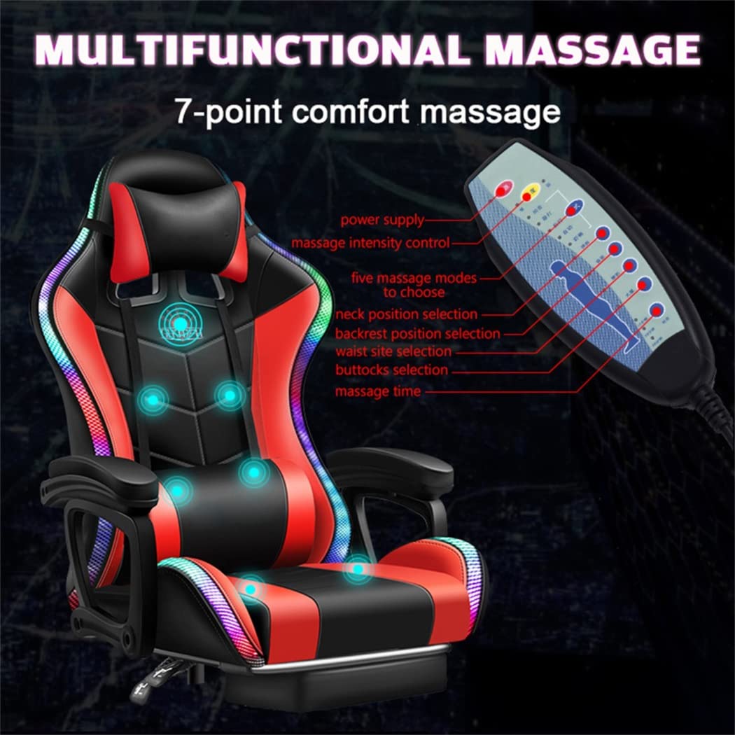 Ergonomic Gaming Chair with Built-in Speakers & RGB LED Lights - PU Leather Computer Chair with Massage, Adjustable Footrest & Lumbar Support for Adults & Teens - Perfect for Esports, Streaming & Home Office (Black)