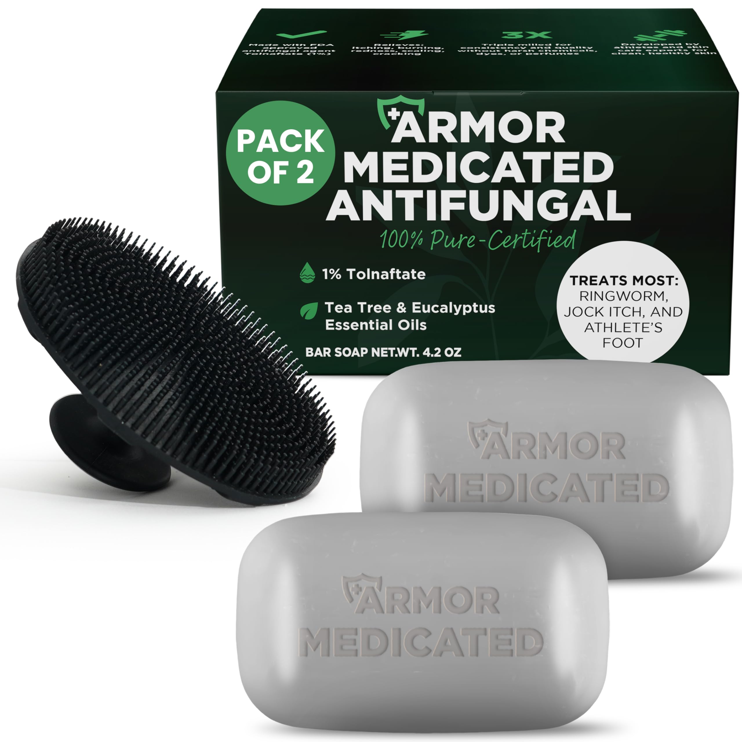 Antifungal Soap Pack of 2 - Medicated Jock Itch Treatment for Men & Women | Fights Ringworm, Athlete's Foot & Fungal Infections | Antibacterial Tea Tree Oil Soap with 1% Tolnaftate & Exfoliating Scrubber | Deep Cleansing for Gym, Sports & Daily Hygiene