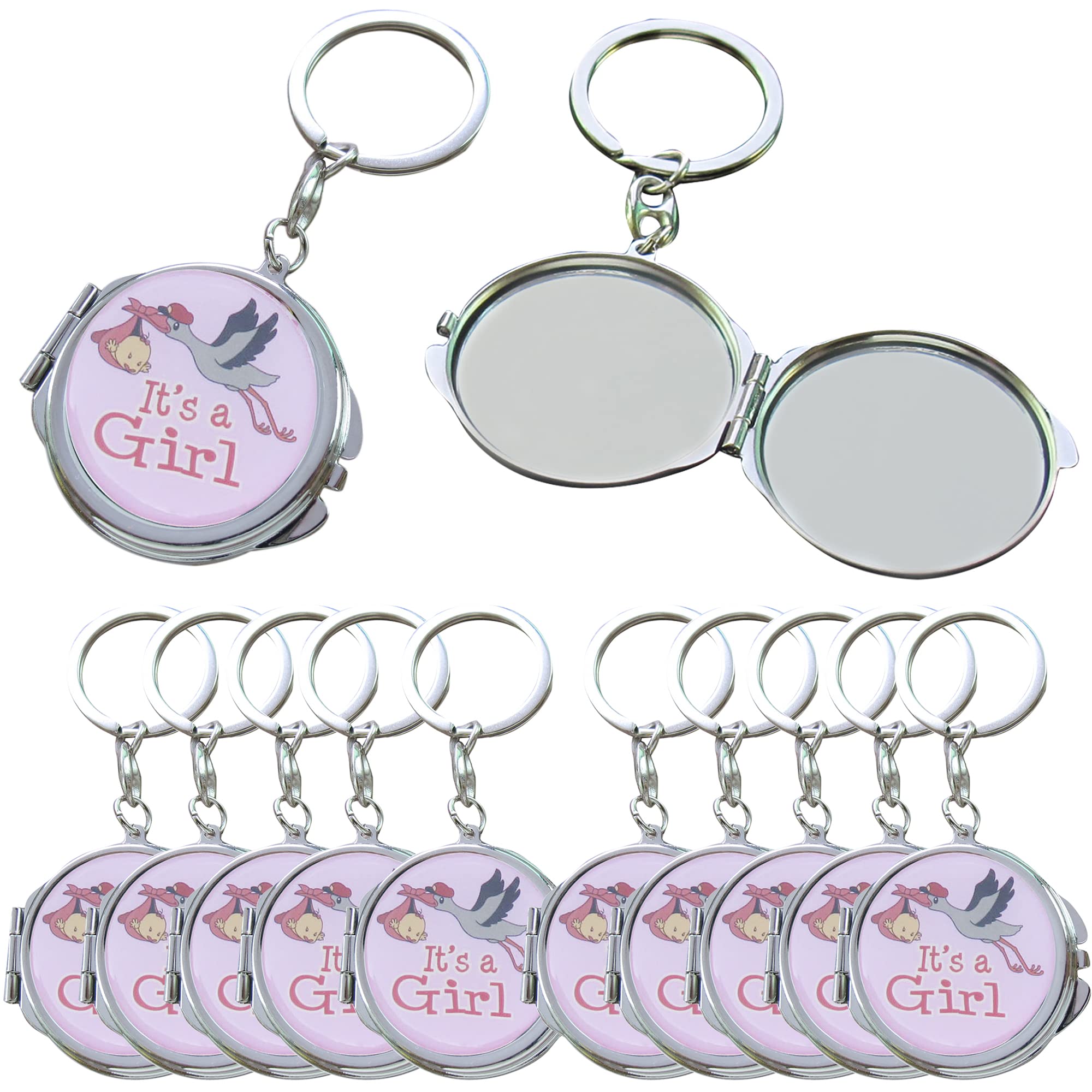12 PCS Baby Girl Shower Keychain Party Favors - Pink Stork Design Mini Compact Keychain for Baby Showers, Birthday Gifts & Bridal Party Favors