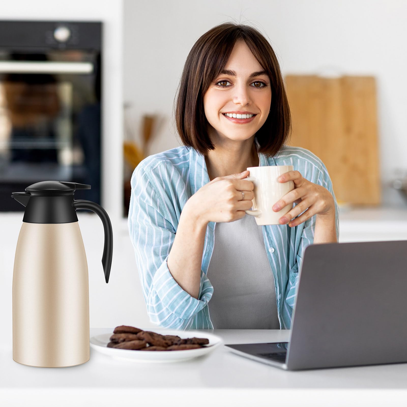 Uiifan 2 Pack 68oz Stainless Steel Thermal Coffee Carafe - Double Wall Vacuum Insulated Hot Beverage Dispenser for Coffee, Tea, Milk & Creamer - Includes Cleaning Brush (Silver & Champagne) - Perfect for Home, Office, Restaurants & Catering Events