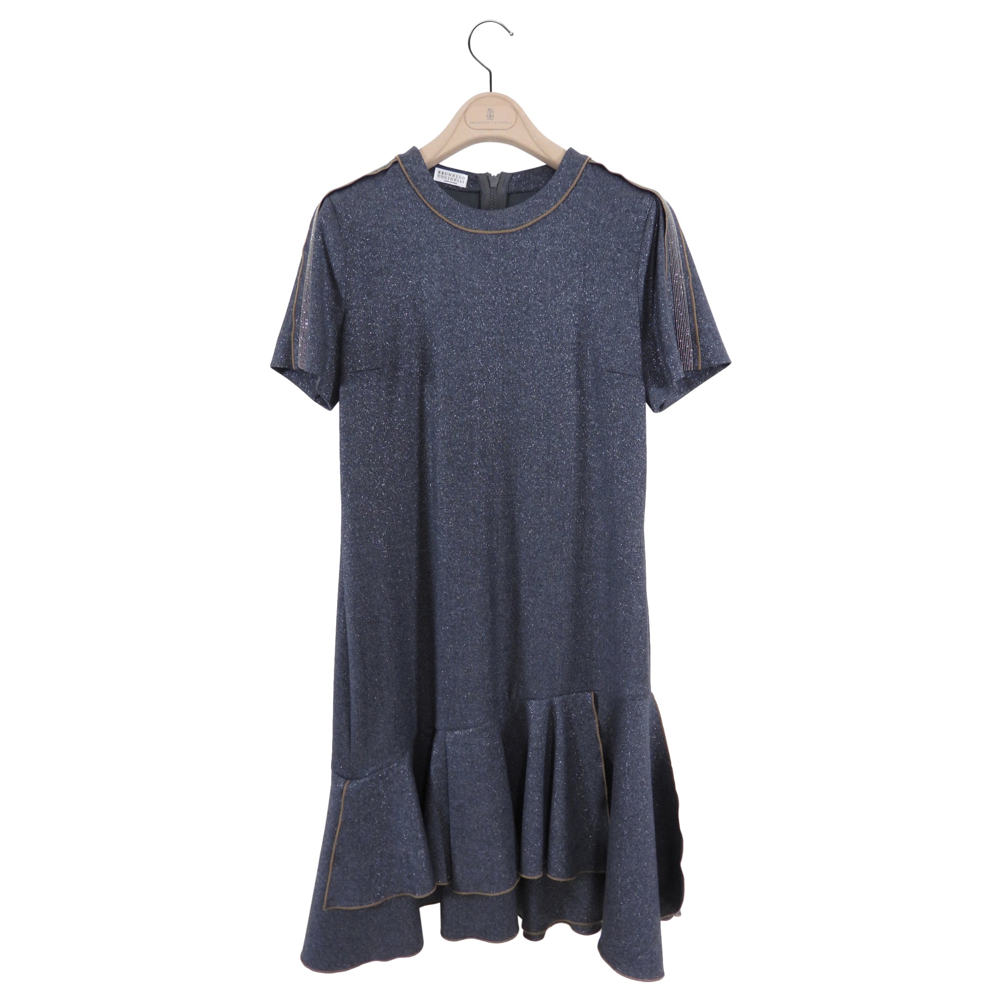 Brunello Cucinelli Grey Shimmer Short Sleeve Dress for Women - Elegant Monili Beaded Cocktail Dress for Parties & Special Occasions