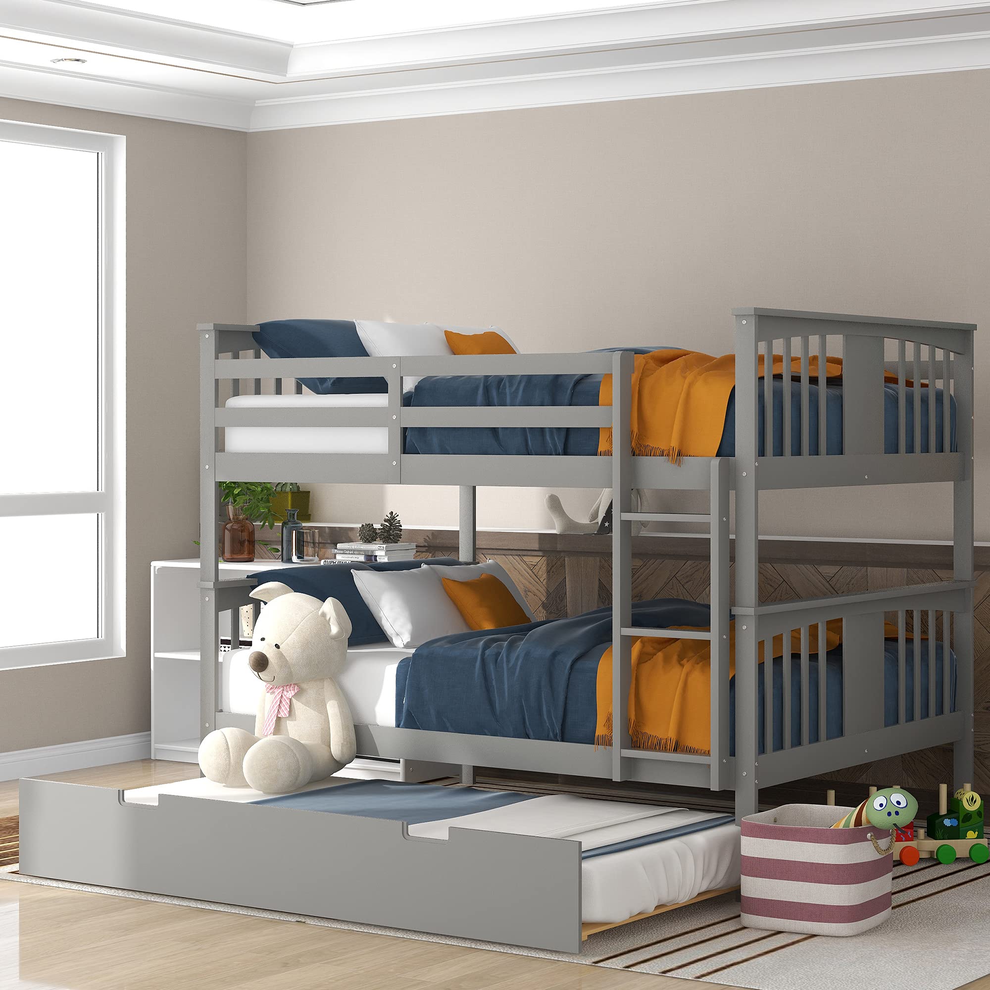 Harper & Bright Designs Solid Wood Full Over Full Bunk Bed with Trundle & Ladders - Grey Bedroom Furniture for Kids, Teens & Guest Rooms - Space Saving Solution for Shared Bedrooms & Sleepovers