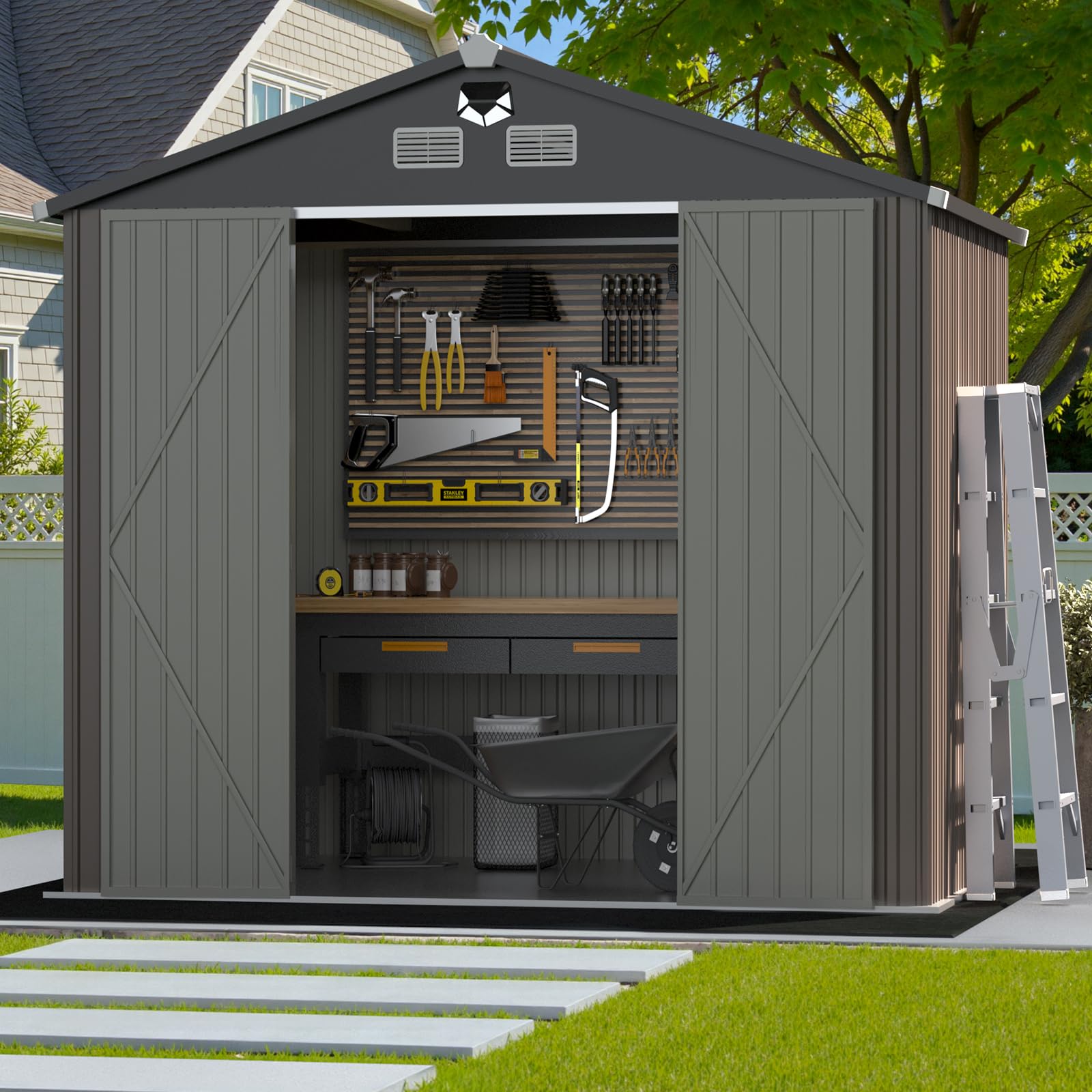 10x8 FT Outdoor Metal Storage Shed - Waterproof Garden Tool Shed with Lockable Doors & Air Vent | Durable Backyard Storage Building for Lawn Equipment, Gardening Tools & Seasonal Items