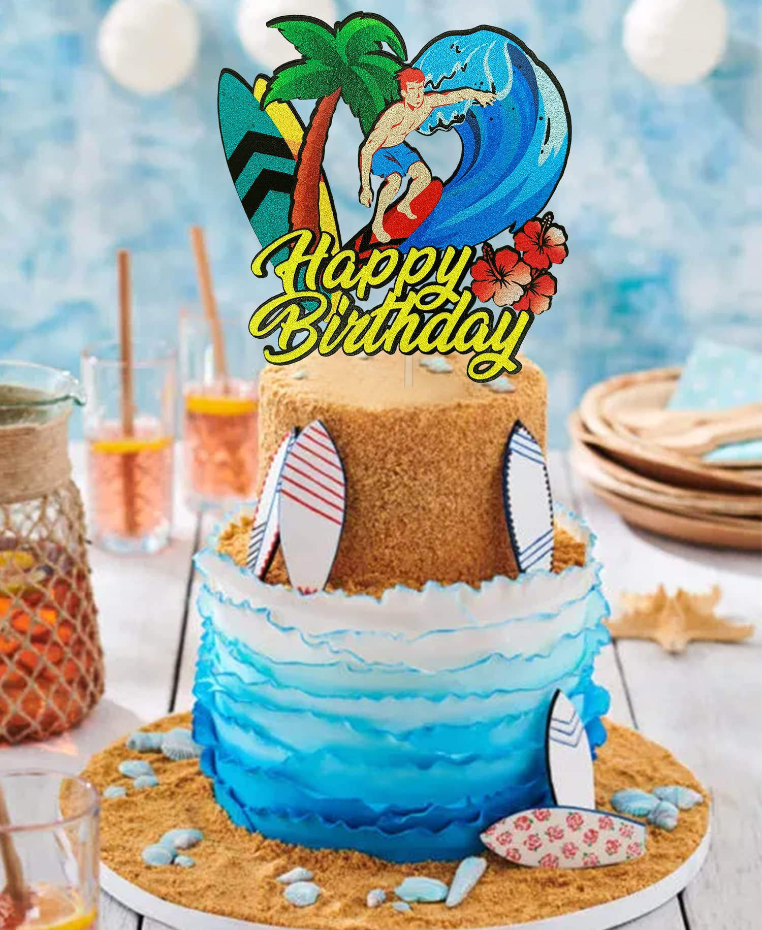 Surfing Happy Birthday Cake Topper - Summer Beach Party Decoration for Surfer Theme Cakes | Perfect for Surfing Enthusiasts, Beach Vacations & Summer Birthday Celebrations