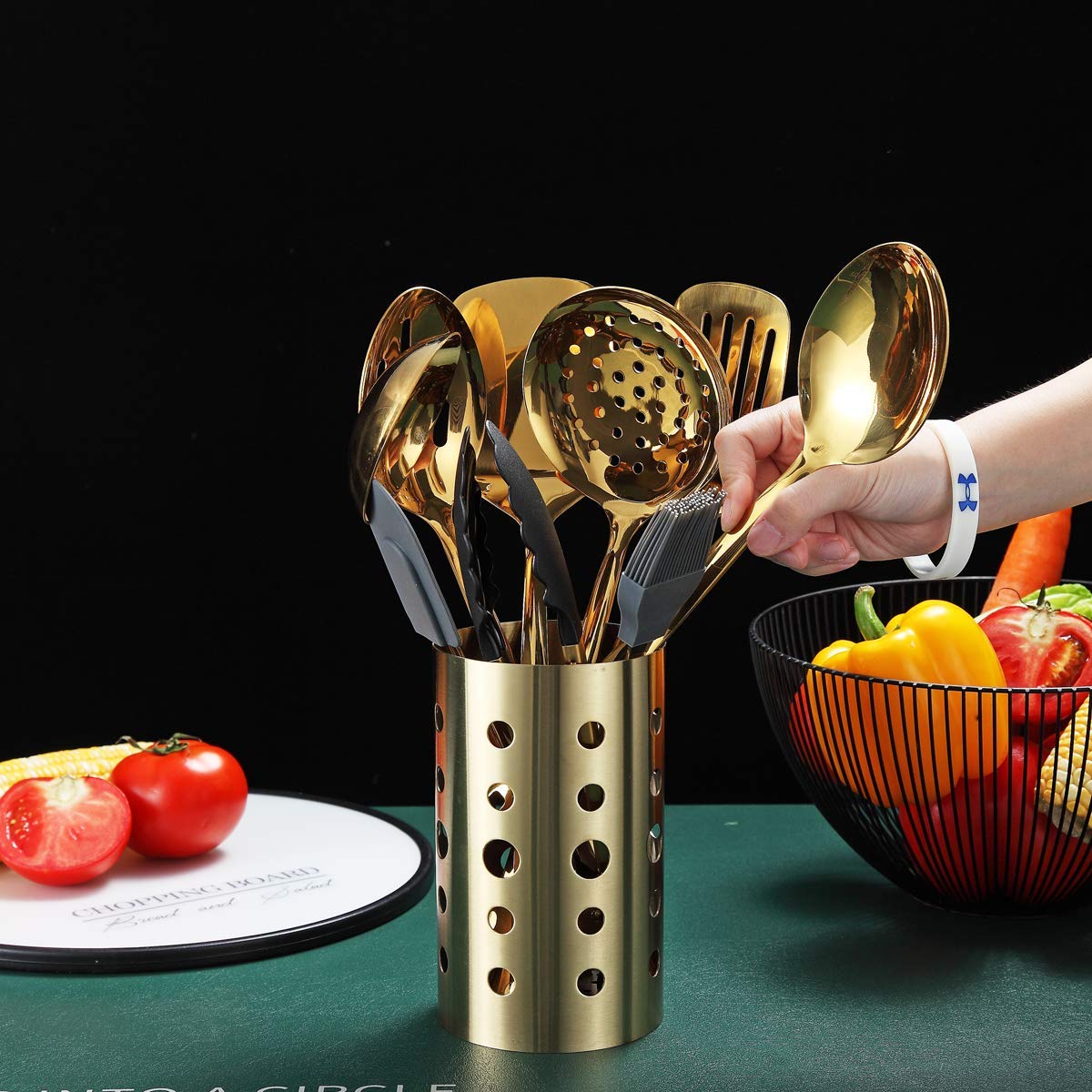 Premium 13-Piece Gold Plated Stainless Steel Kitchen Utensil Set by Berglander - Nonstick Cooking Tools with Holder, Dishwasher Safe & Easy to Clean - Perfect for Baking, Frying, and Everyday Cooking