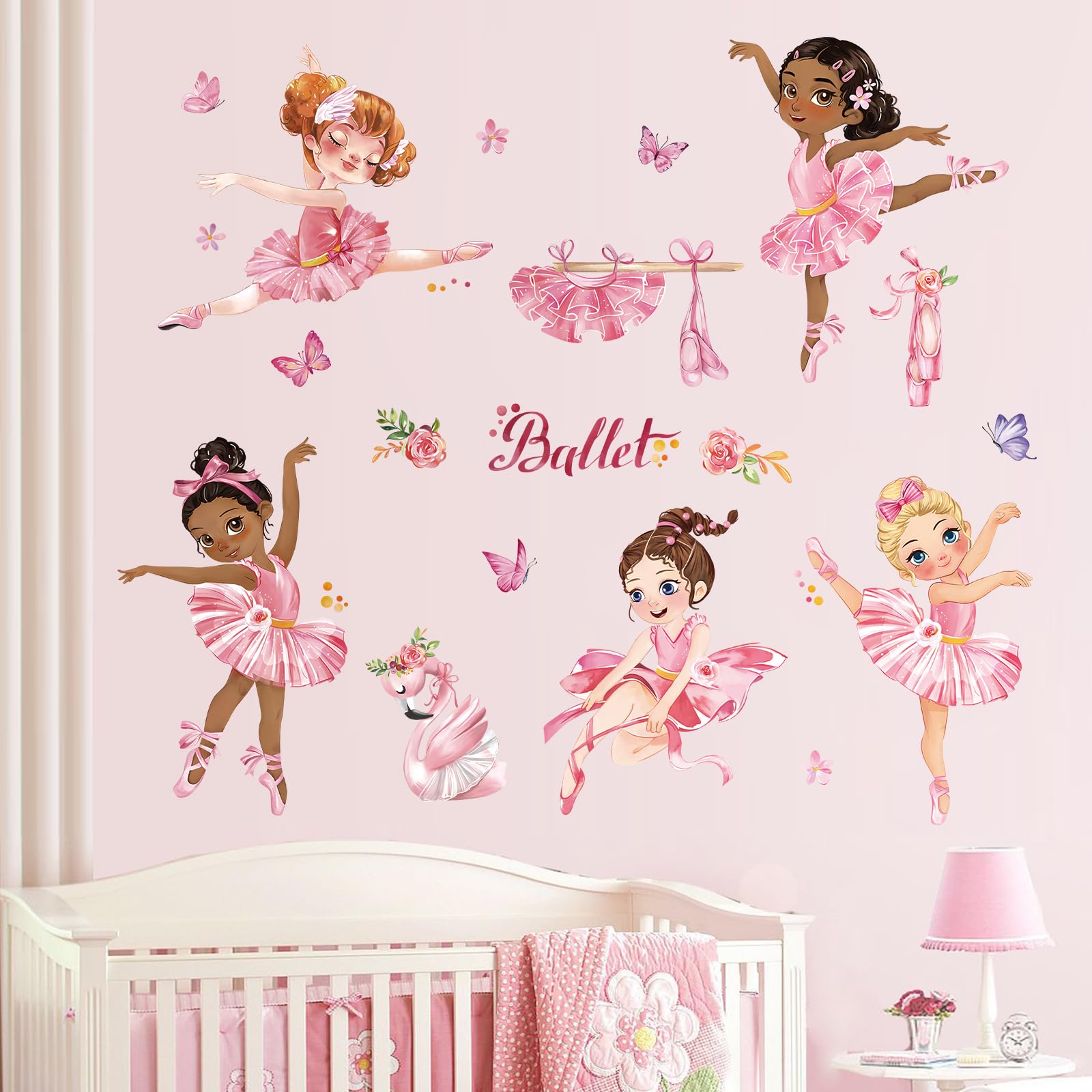 Wondever Ballet Girl Wall Stickers - Pink Ballerina Dancing Girl Peel & Stick Wall Art Decals for Girls Bedroom, Nursery & Kids Room Decor | Perfect for Birthday Gifts & Home Decoration