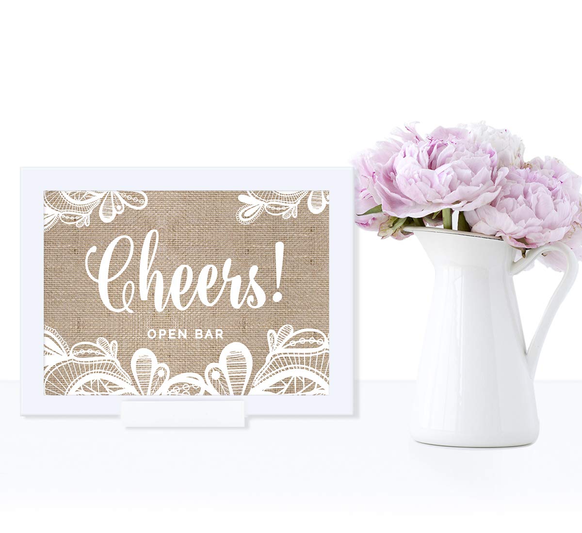 5x7 Inch Andaz Press Wedding Framed Party Sign - Burlap Lace Printed Cardstock Open Bar Cheers Sign - 1-Pack with Frame - Perfect for Wedding Receptions, Bridal Showers & Anniversary Celebrations