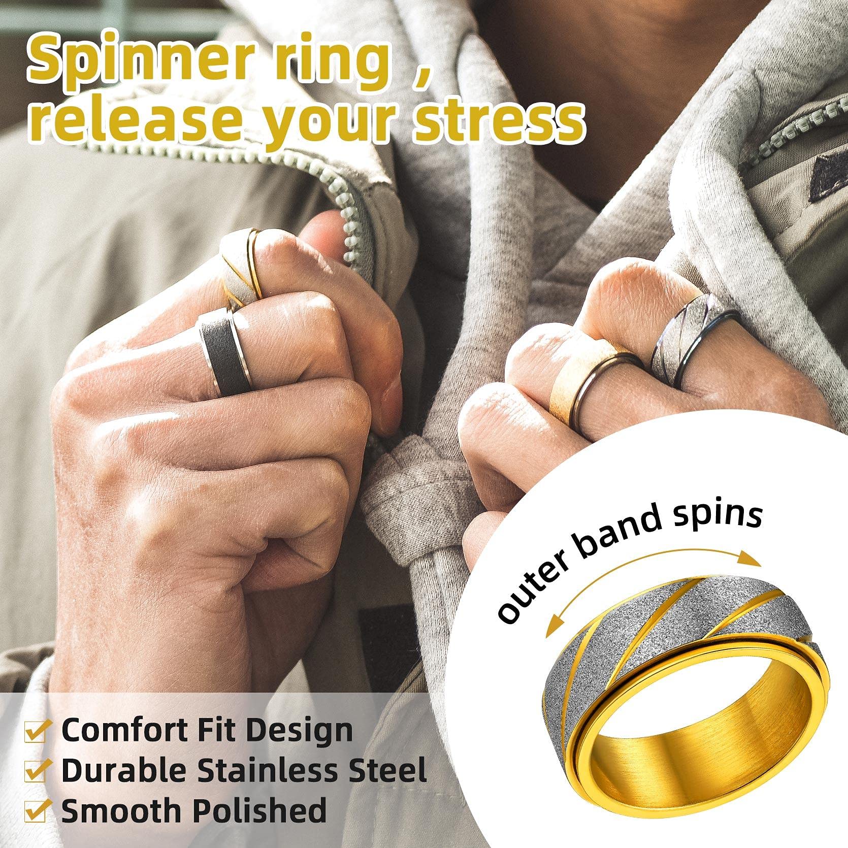 GOLDCHIC Spinner Ring for Men & Women - Sand Blast Finish Celtic Fidget Band Ring for Anxiety Relief - Titanium Steel Worry Ring in Black & 18k Gold Plated (8mm, Size 7-12) with Gift Box - Perfect for Stress Relief, Meditation & Focus Enhancement