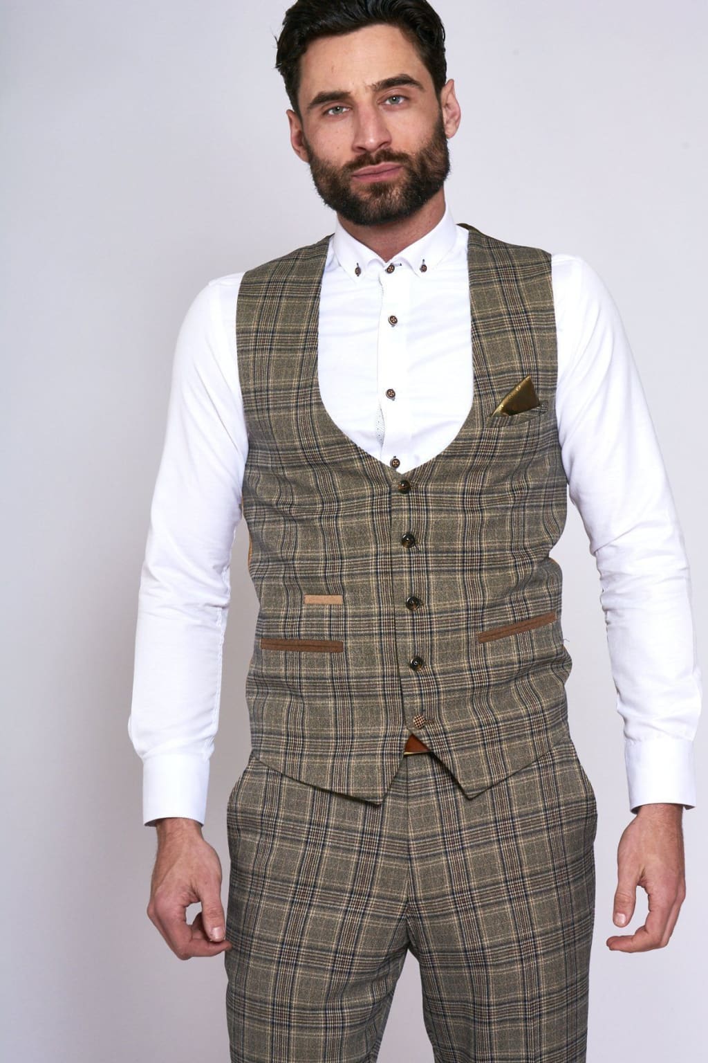 Marc Darcy Enzo Tan Check Tweed Single Breasted Waistcoat for Men - Classic Vintage Vest for Formal Wear, Office & Wedding Attire
