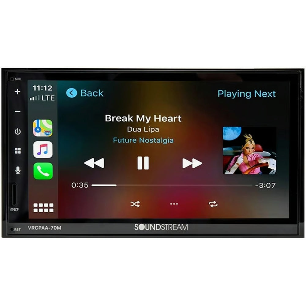 Soundstream VRCPAA 70MW 7 Inch Double DIN Touchscreen Car Stereo with Bluetooth, Apple CarPlay & Android Auto - Digital Multimedia Receiver for Seamless Music Streaming & Hands-Free Calling in Your Vehicle