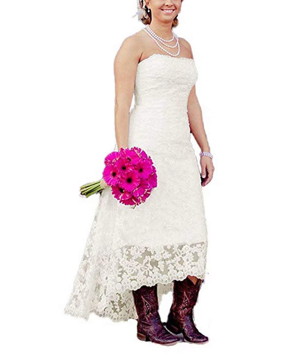 Elegant Strapless Country Lace Wedding Dress for Bride - High-Low Hem with Appliques Bridal Gown | Perfect for Outdoor, Beach & Vintage Theme Weddings