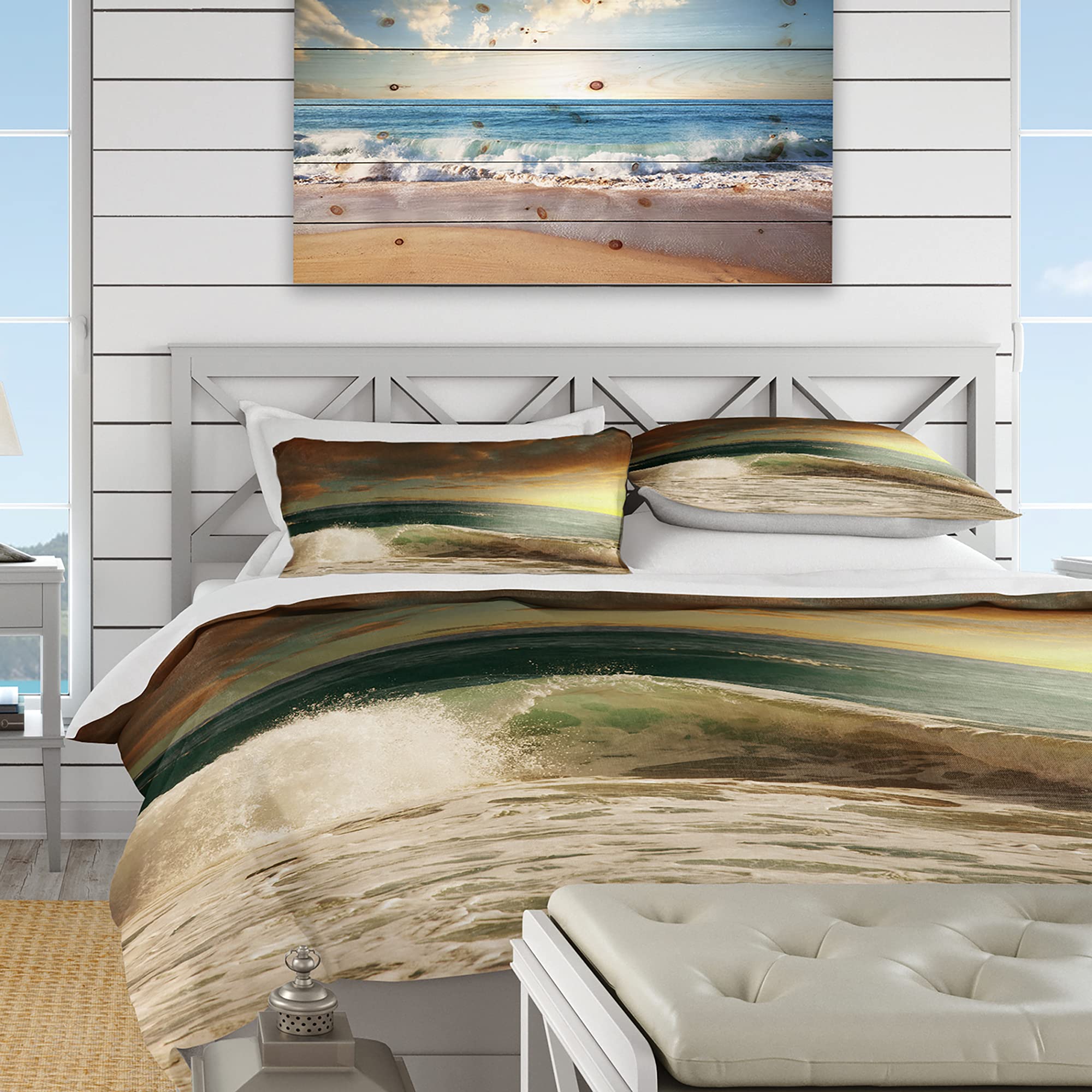 DesignQ Nautical & Coastal Duvet Cover Set - Twin Size White Beach Bedding with Rushing Waves Under Heavy Clouds Print, 3-Piece All Season Comfort - Perfect for Coastal Themed Bedrooms & Vacation Home Decor