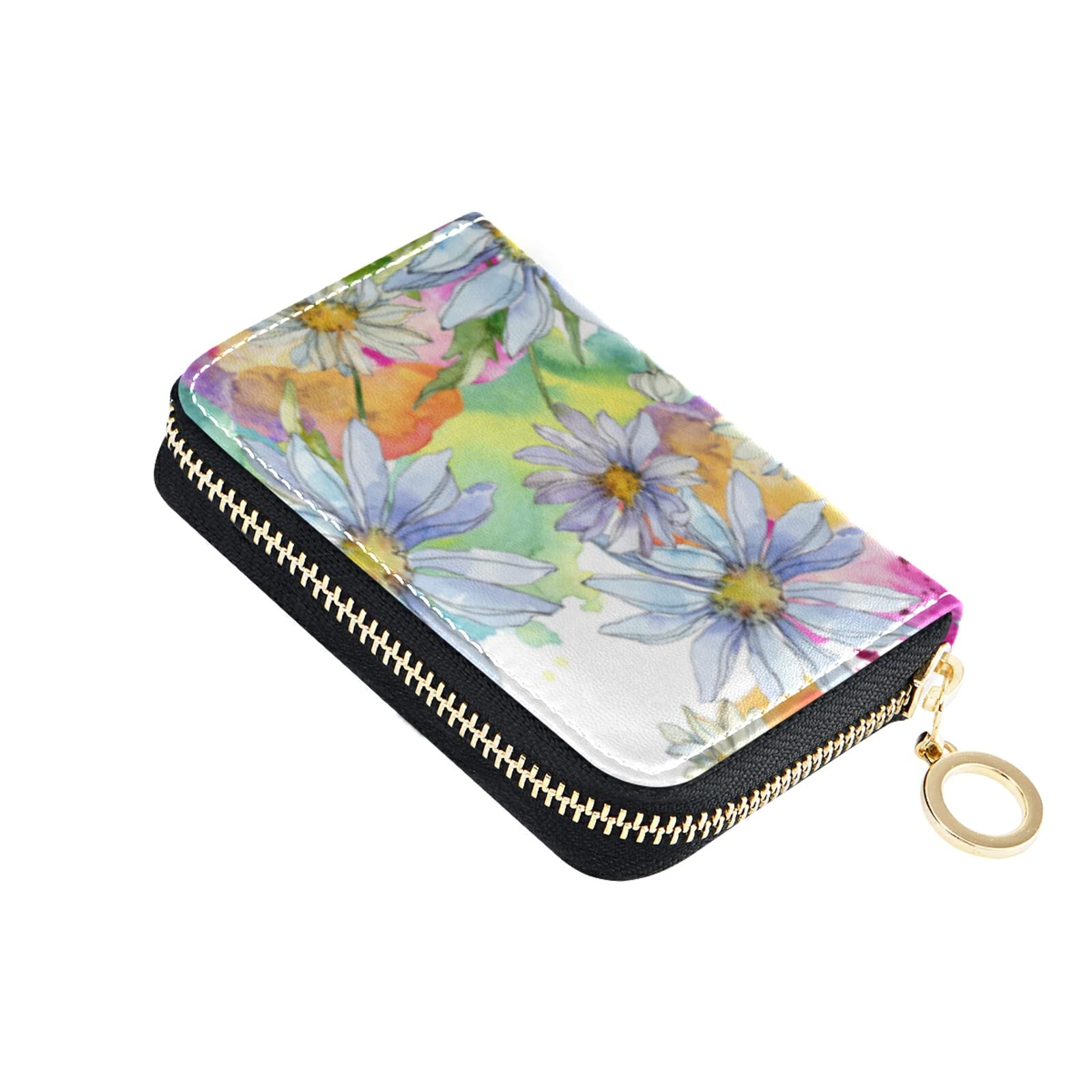 JUNZAN RFID Blocking Zipper Credit Card Holder - Floral Daisy Design ID Card Wallet for Men & Women | Perfect for Travel, Work & Everyday Use