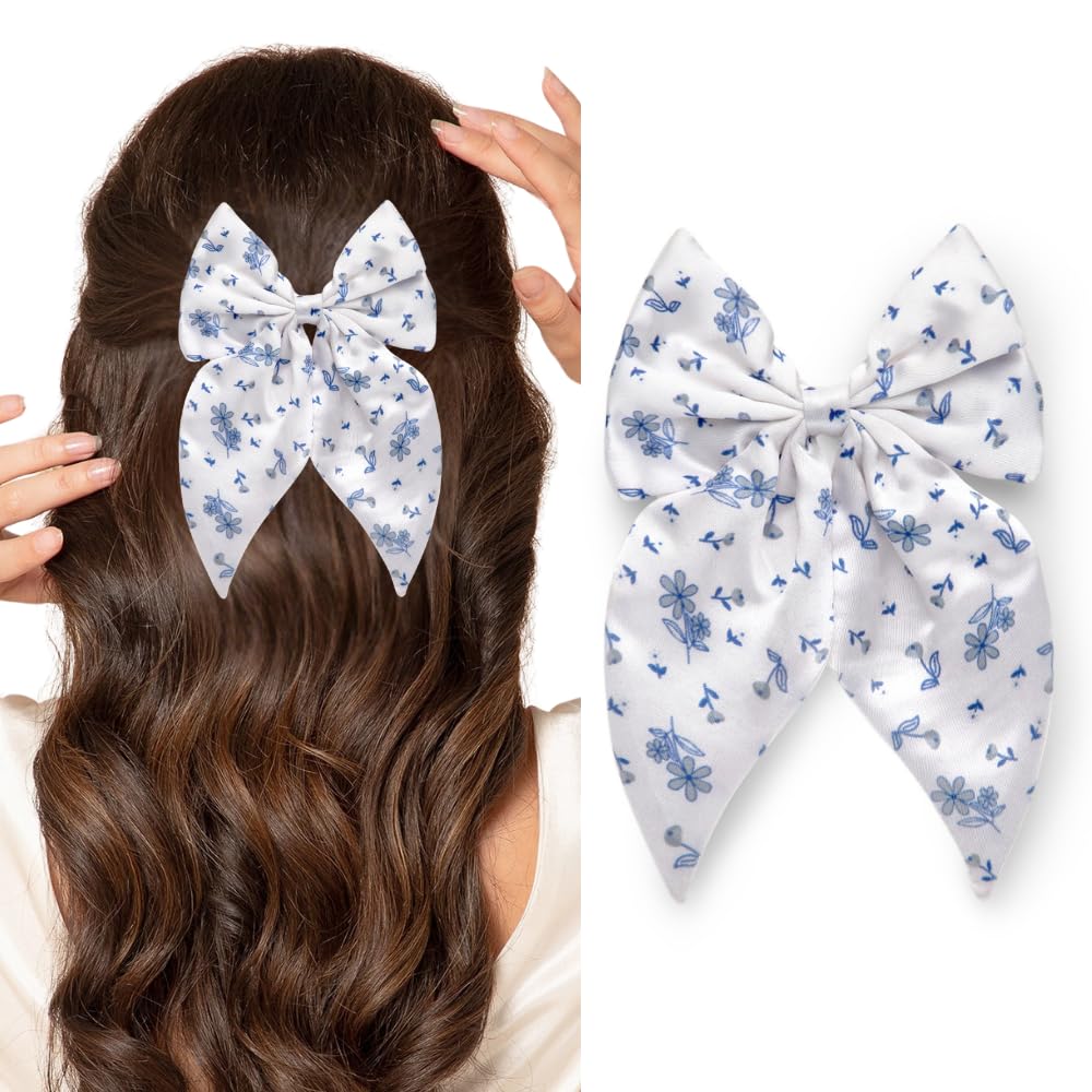 Floral Hair Bow Clip for Women & Girls - Comfortable Anti-Hair Breakage Hair Accessory | Stylish Gift for Birthday, Wedding & Party | Pack of 1 White Ribbon Bow for Everyday Wear & Special Occasions