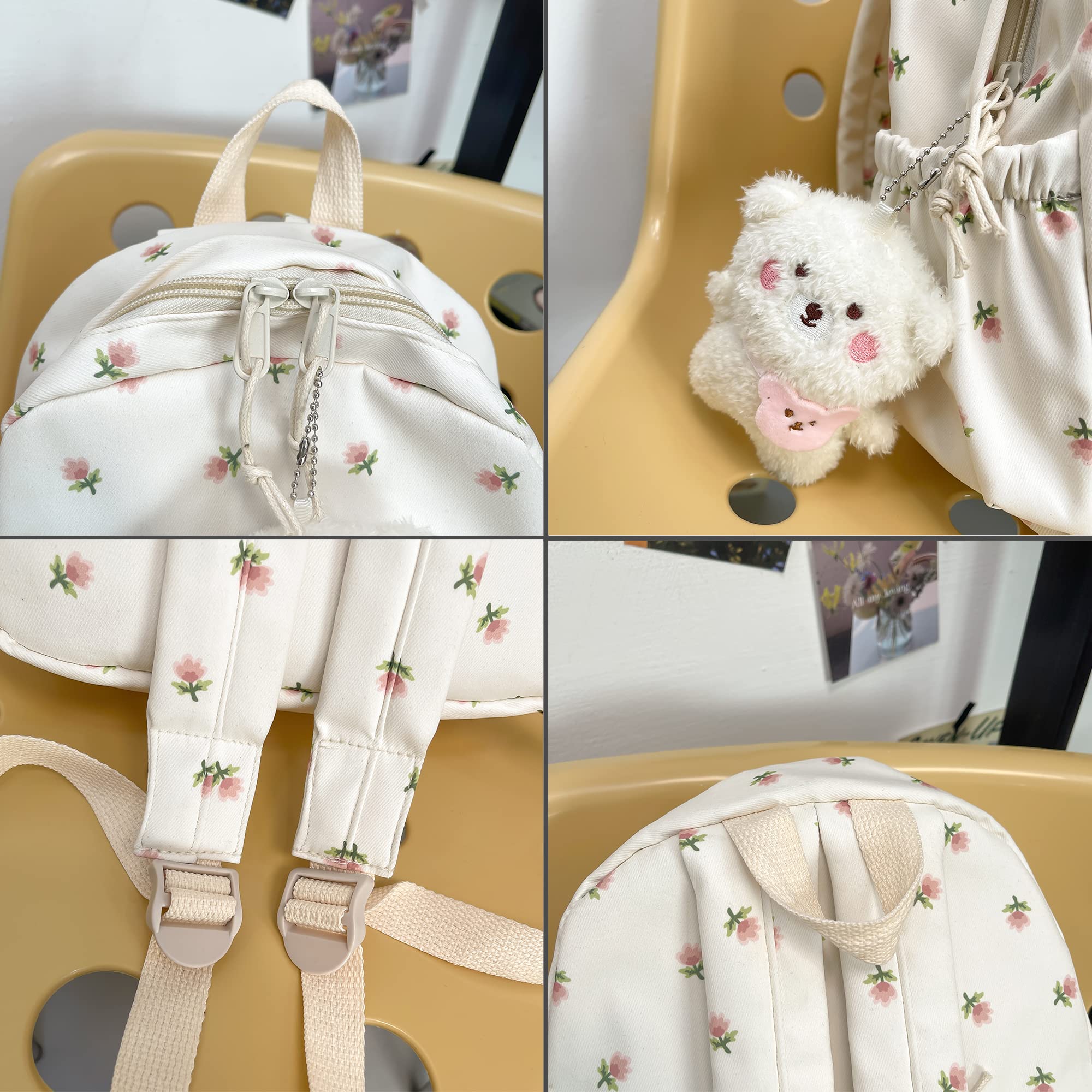 Kawaii Floral Backpack with Pendant - 12.2 Inch Cute Aesthetic Medium School Bag for Women & Teens (White) - Perfect for School, Travel & Everyday Use