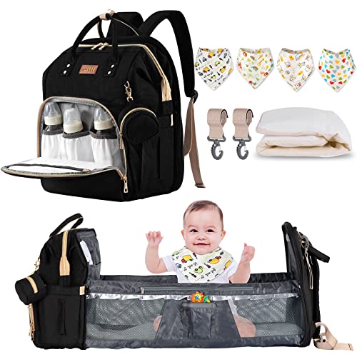 TOBRBE Baby Diaper Backpack with Changing Station - Large Capacity Waterproof Diaper Bag for Boys & Girls, Includes 4 Pack Bibs & Bassinet Bed - Perfect Baby Shower Gift & Newborn Registry Essential (Black) - Ideal for Travel, Outings & Parenting On-The-Go