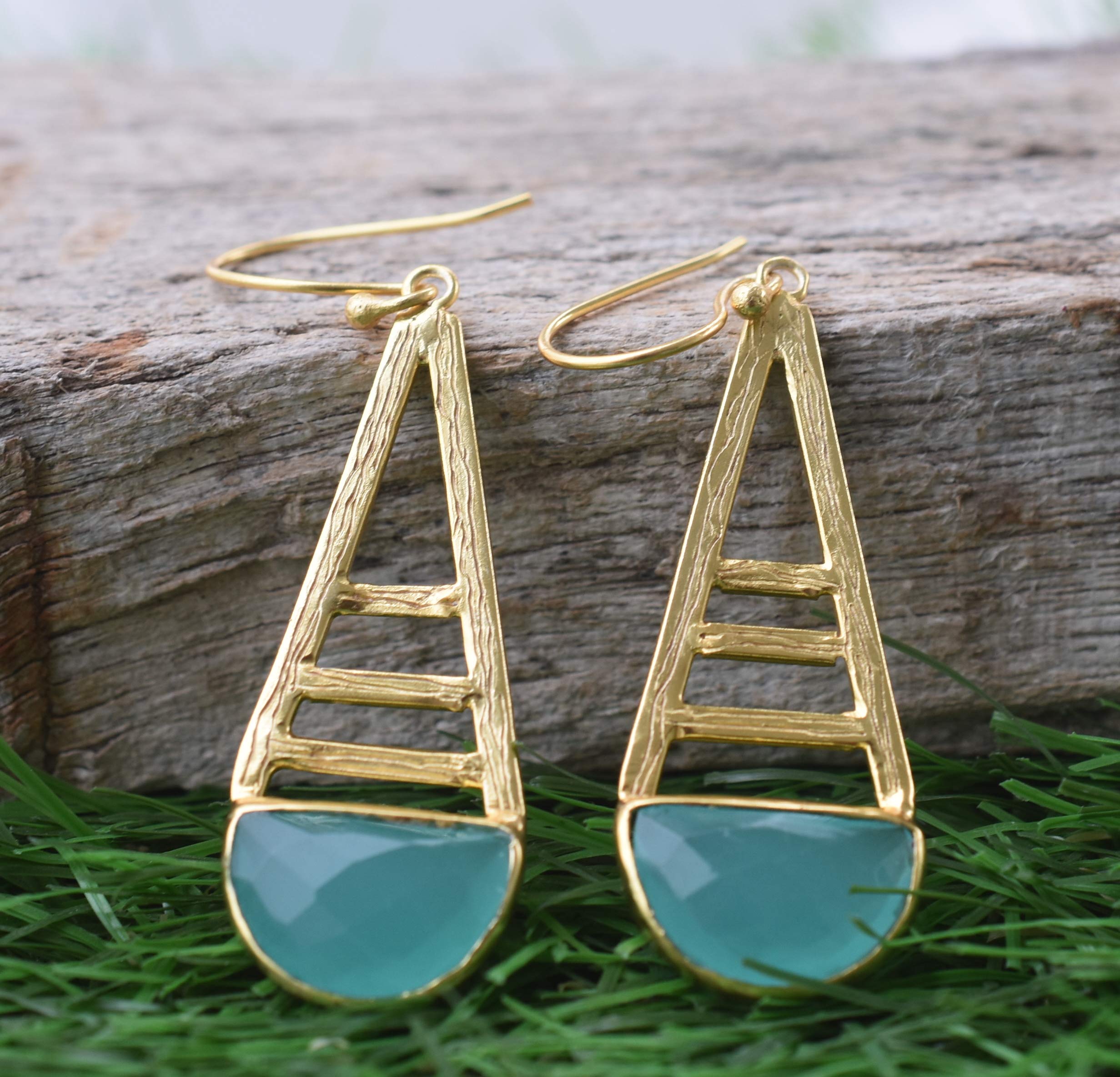 Handmade Gold Filled Aqua Chalcedony March Birthstone Earrings for Women - Crescent Moon Design, Fashion Jewelry Gift for Birthday, Anniversary & Special Occasions | VE-120