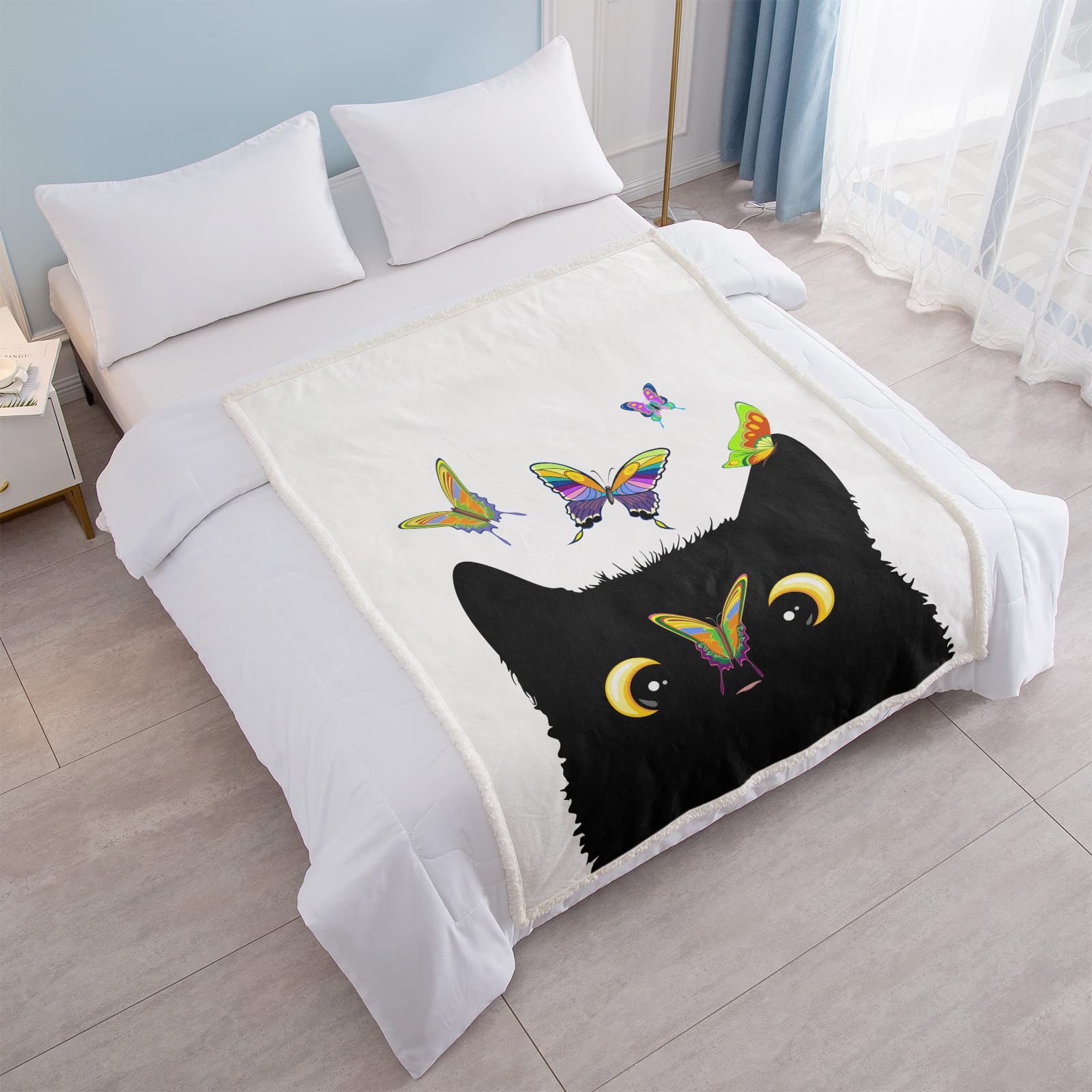 SOULZZZ Cozy Sherpa Cat Blanket for Women - Soft Plush Kawaii Kitten Throw Blanket 80x60 Inches - Perfect Valentine's Day Gift for Cat Lovers (Black) | Great for Cuddling, Bedroom Decor & Gift Giving
