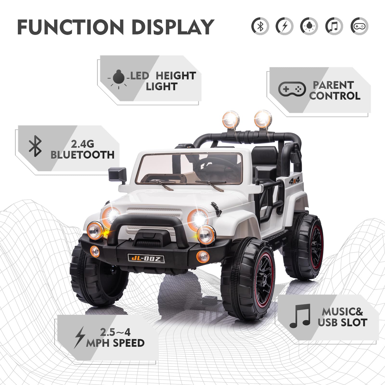 12V Kids Electric Ride On Truck - 2 Seater with Parental Remote Control, MP3 Player, LED Lights & Spring Suspension - White Children's Battery Powered Car for Outdoor Play & Backyard Fun