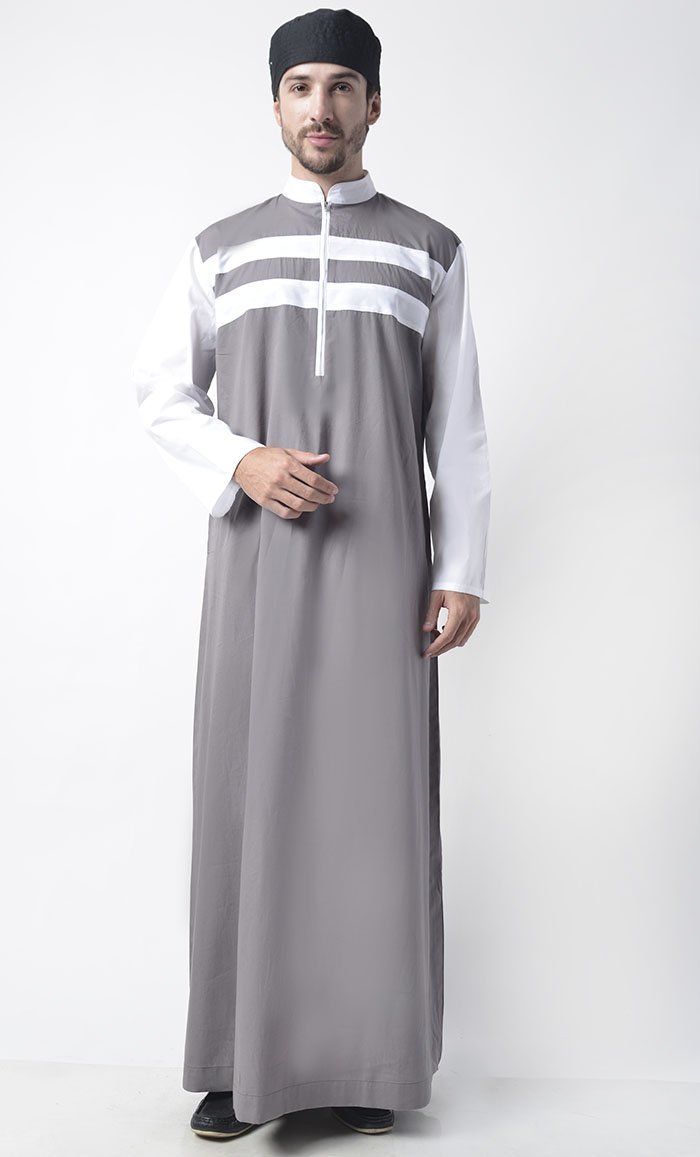 Stylish Color Stripe Contrast Detail Thobe for Men - Traditional Islamic Robe for Prayer, Eid & Special Occasions