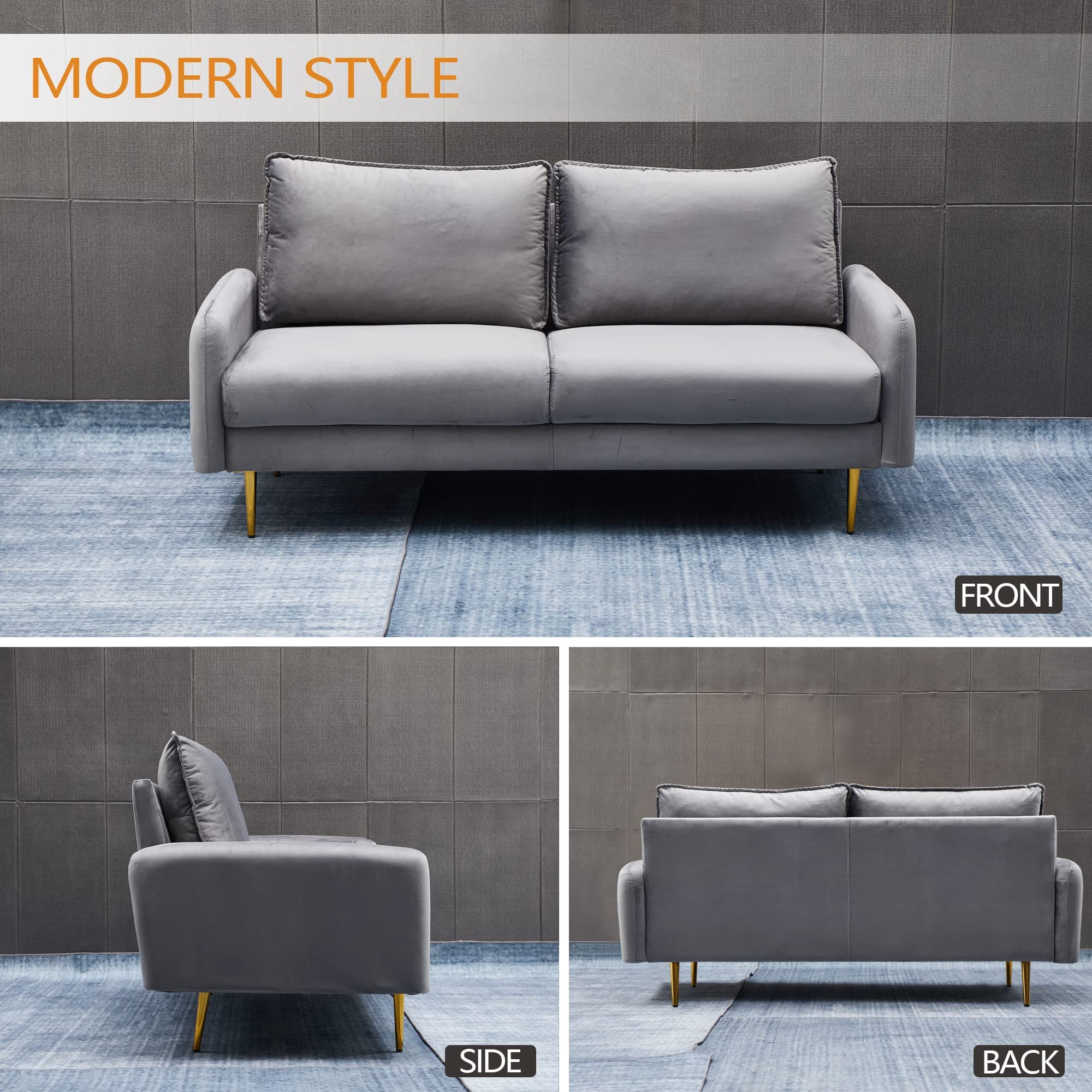 Luxury Velvet Sofa - Modern Tufted Loveseat with Sturdy Metal Legs for Living Room, Bedroom, Office | Soft Grey Contemporary Couch for Small Spaces & Cozy Home Decor