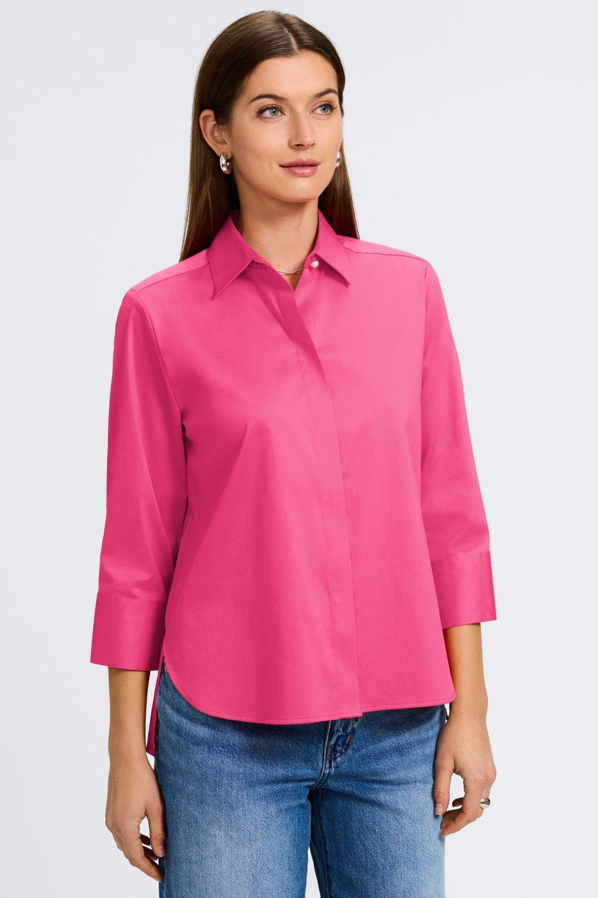 Pearl No Iron Stretch Matte Sateen 3/4 Sleeve Shirt for Women - Wrinkle-Free Comfort Blouse for Office & Business Casual Wear