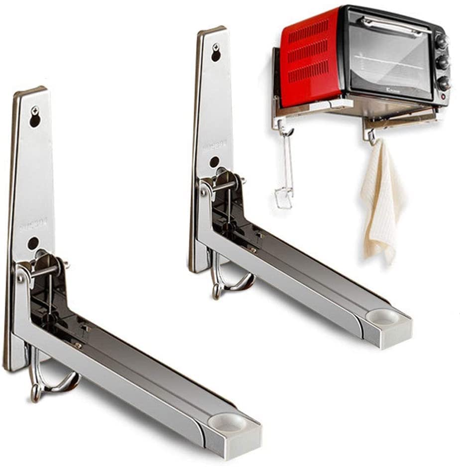 Stainless Steel Microwave Oven Wall Mount Bracket - Foldable Kitchen Shelf with 2 Hooks, 35kg Weight Capacity | Space-Saving Solution for Small Kitchens & RVs