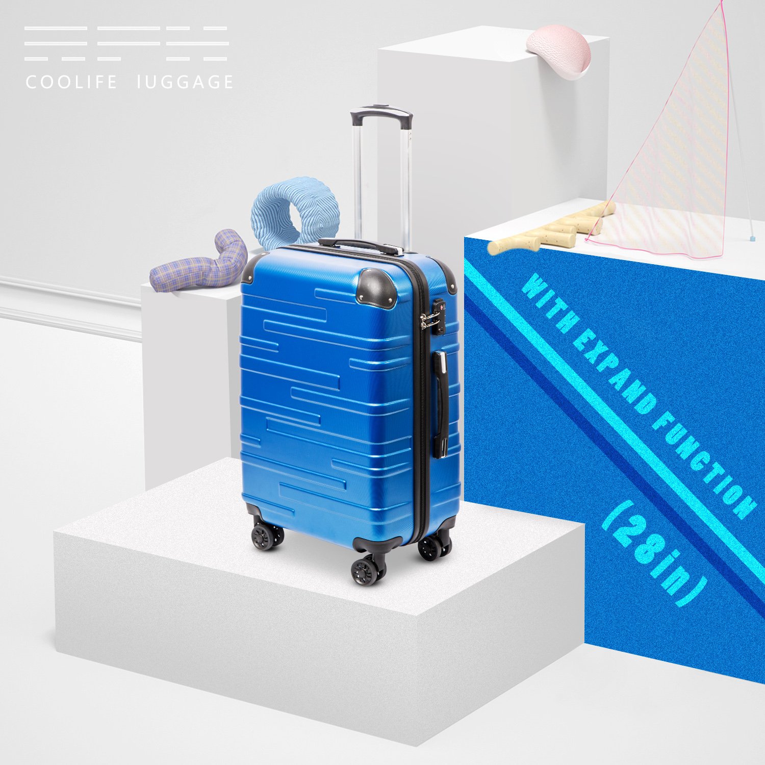 Coolife Expandable 3-Piece Luggage Set with TSA Lock, Spinner Wheels (20in, 24in, 28in) - Blue | Perfect for International Travel & Family Vacations