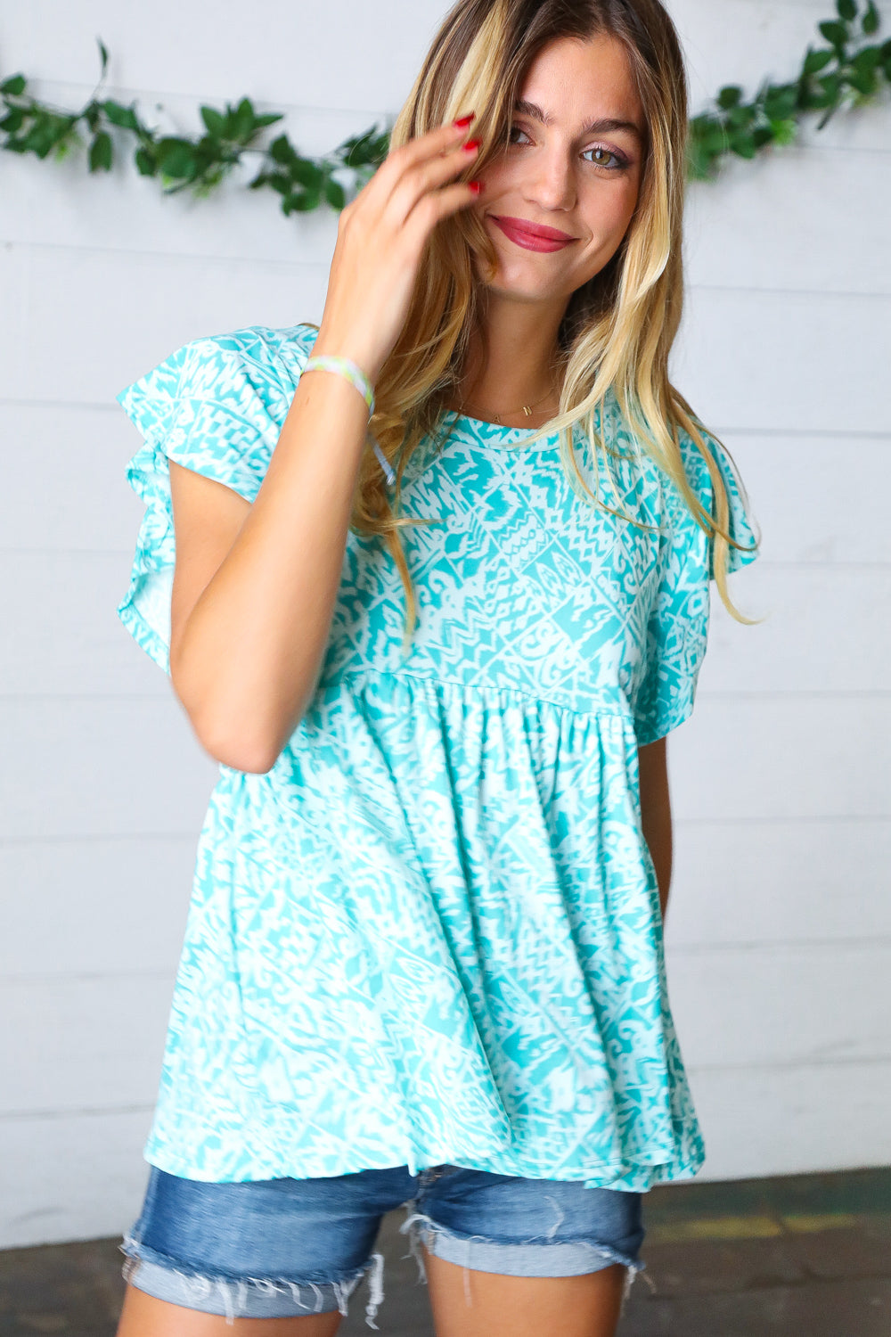 Aqua Blue Boho Print Ruffle Short Sleeve Babydoll Top - Flowy Summer Blouse for Beach, Music Festivals & Casual Outings
