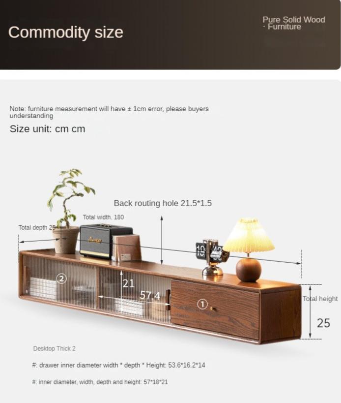 Solid Oak Wood Floating Glass Sliding Door TV Stand - Modern Entertainment Center for Living Room & Home Theater