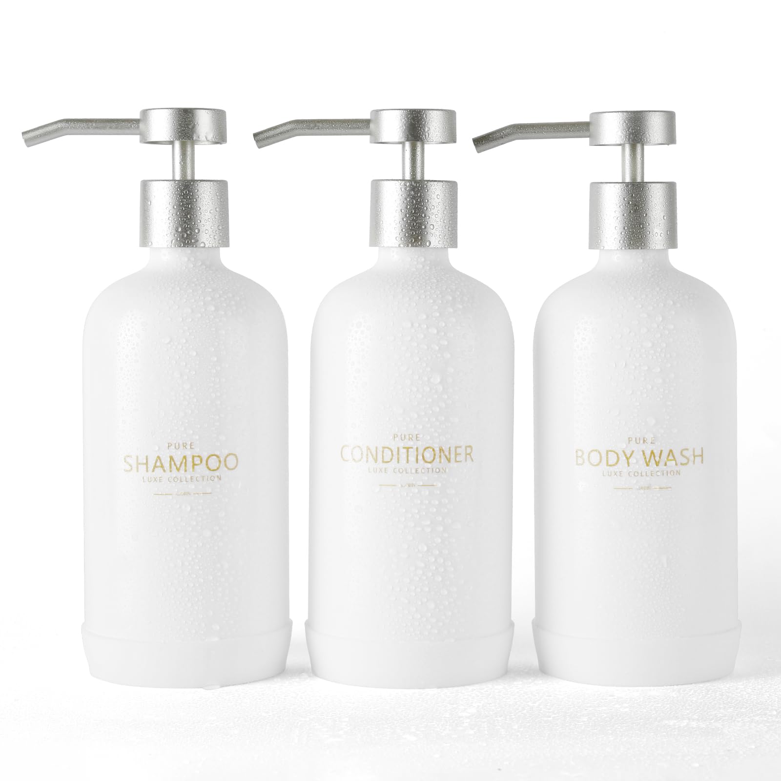 Janxin Refillable Shampoo and Conditioner Dispenser Set - 600ml Shower Bottles with Waterproof Labels (White Bottles + Silver Pumps) for Bathroom Organization & Spa-Like Shower Experience