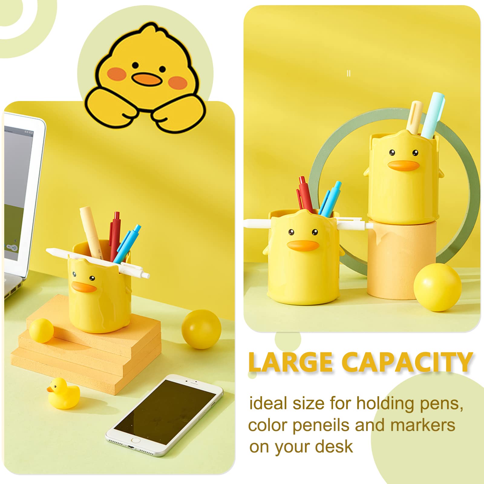 YISTOS Cute Yellow Duck Pencil Holder for Desk - Stylish Pen Organizer & Makeup Brush Holder - Perfect for Office, School, and Home Workspace Organization
