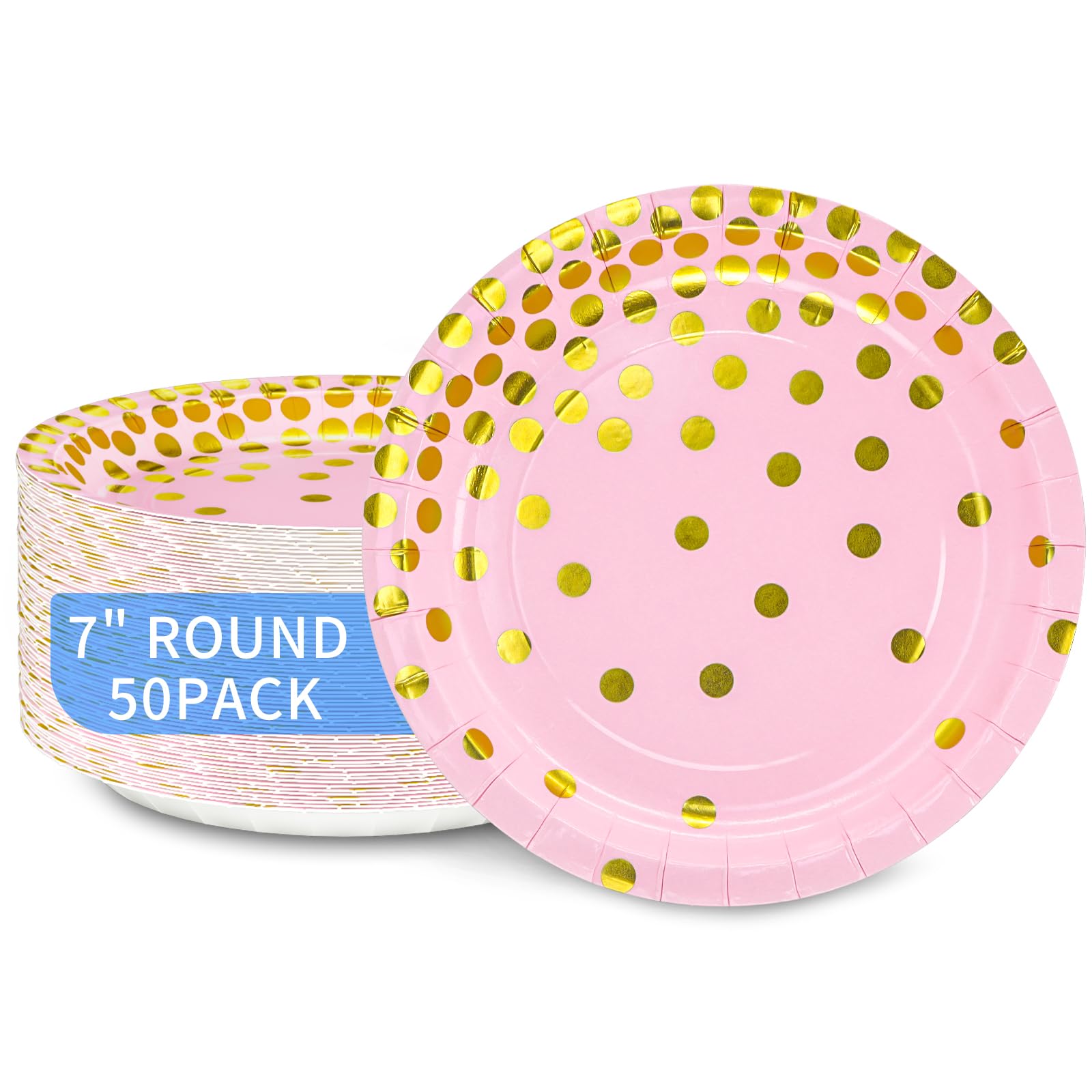 DYLIVeS 7 Inch Disposable Pink & Gold Metallic Foil Polka Dot Paper Plates - 50 Pack for Birthday, Bridal Shower, Easter, Graduation Party | Elegant Dessert & Cocktail Party Supplies | Perfect for Indoor/Outdoor Celebrations & Special Events