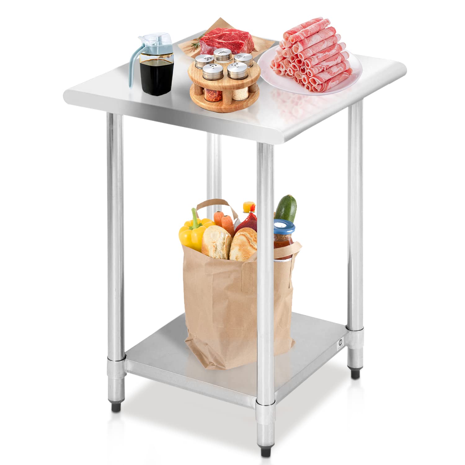 Stainless Steel Work Table 24x24 Inches - NSF Certified Heavy Duty Metal Food Prep Table with Adjustable Undershelf & Non-Slip Plastic Feet - Perfect for Commercial Kitchen, Restaurant, Hotel, Bakery & Home Garage Use