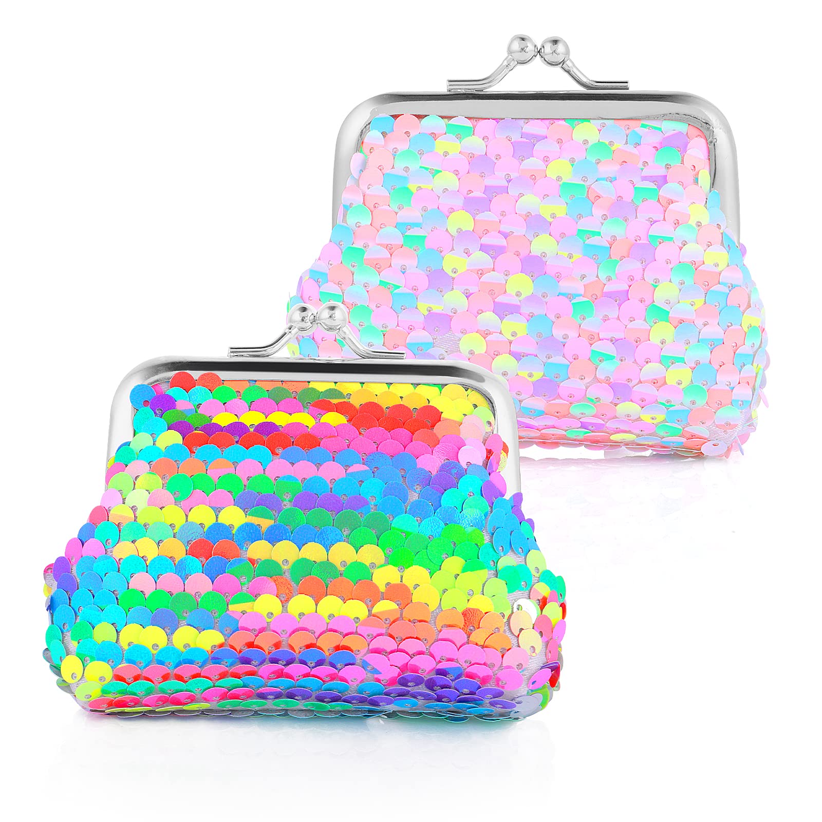Prasacco 2 Pack Reversible Sequin Coin Purse with Kiss-Lock Closure - Colorful Mini Wallet for Women, Girls & Kids - Perfect for Parties, Gifts & Everyday Use