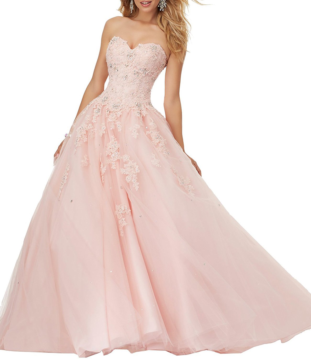 Elegant Pink Applique Lace Beaded Ball Gown Dress for Women - Perfect for Quinceañera, Prom, Wedding & Special Occasions | Size 12