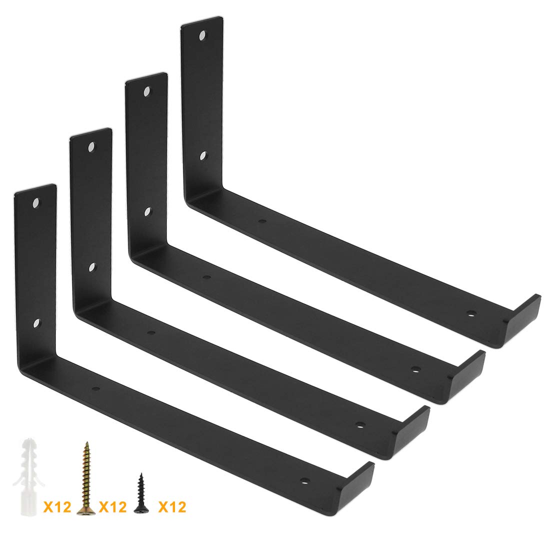 Luomorgo 4 Pack 12 Inch Heavy Duty Folding Shelf Brackets - Rustic Iron Metal J Shelf Supports with Lip for DIY Open Shelving, Wall Mounted Shelves, Floating Shelves (12