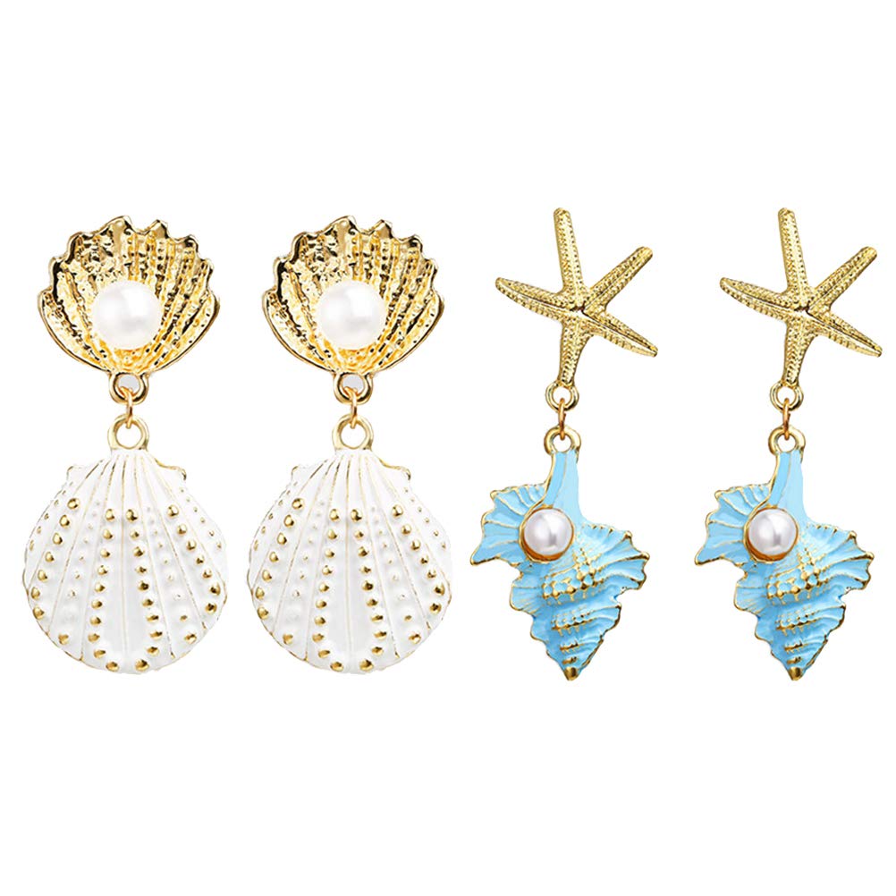 Bestoyard Hawaiian Style Shell Pearl Earrings - Elegant Dangle & Stud Earrings for Women & Girls (Blue & White) - Perfect for Beach Parties, Vacations & Summer Outfits