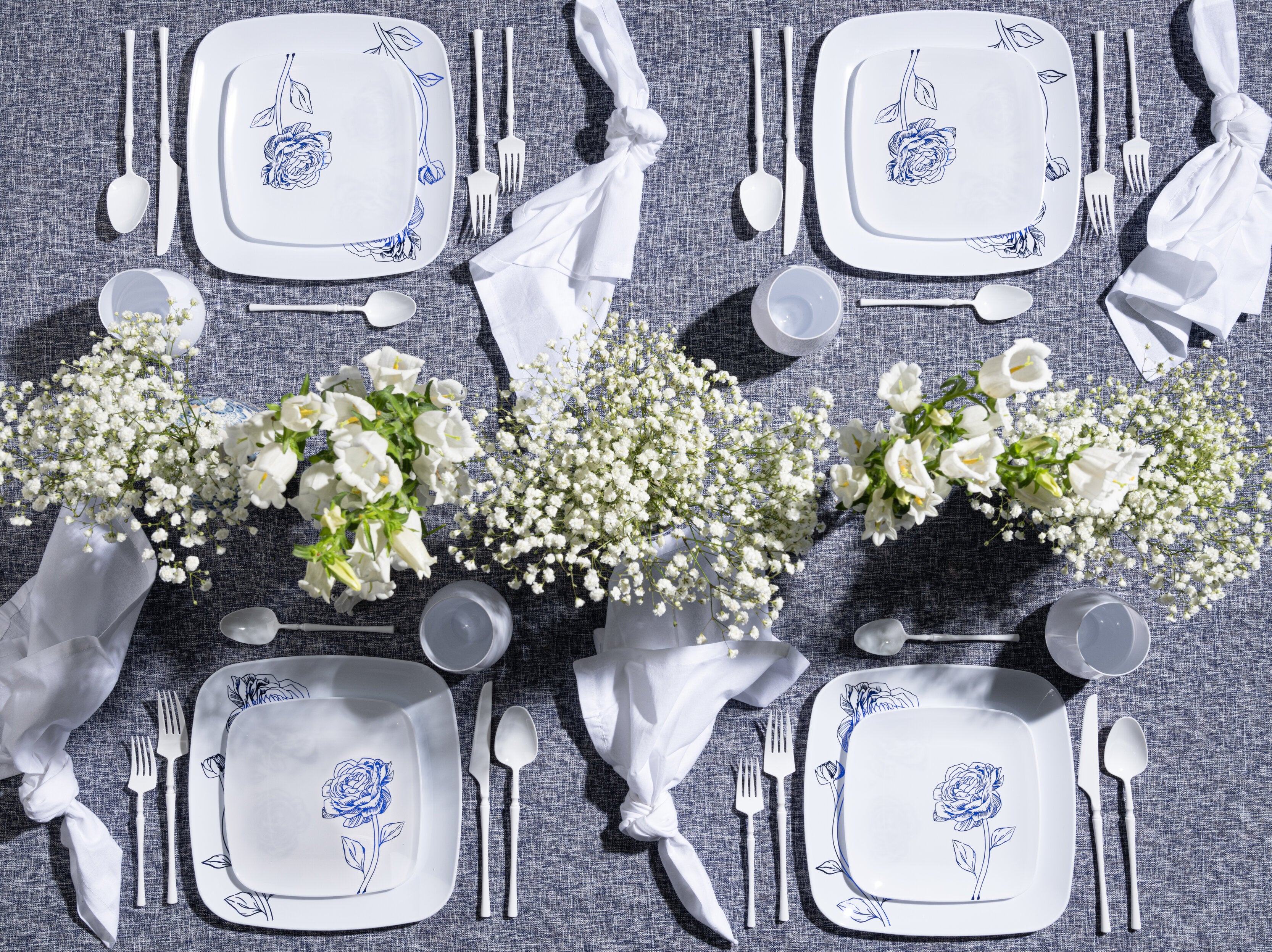 32-Piece White and Blue Square Plastic Dinnerware Set - 16 Servings, Durable & Stylish for Parties, Picnics, and Outdoor Dining - Peony Design