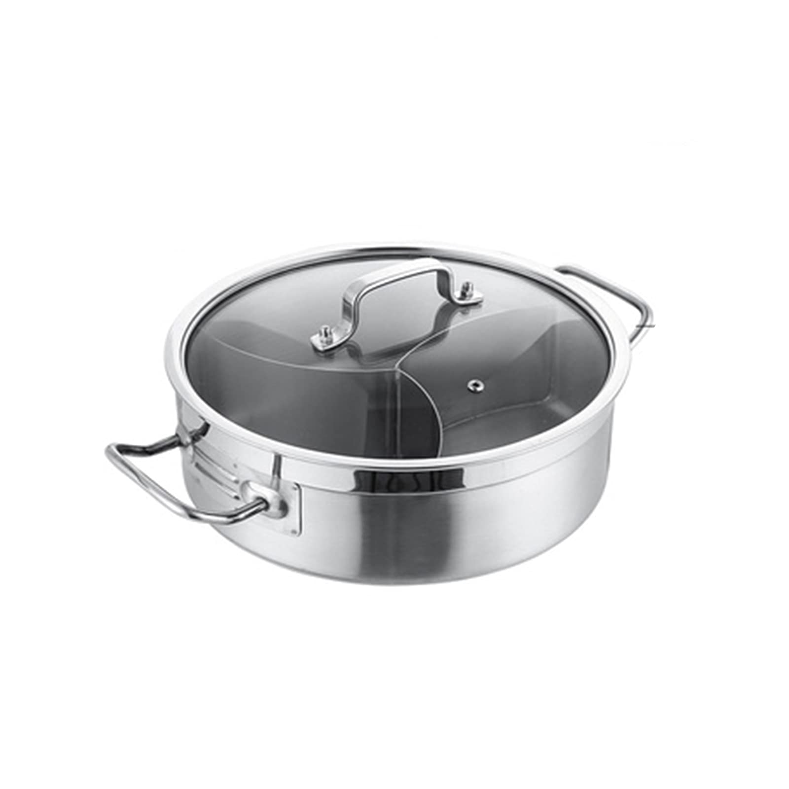 Premium Stainless Steel Shabu Hot Pot with 3 Flavor Divider & Glass Lid - Dual-Sided Induction & Gas Stove Compatible - Perfect for Asian Hot Pot, Sukiyaki & Family Dining